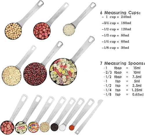 Miniatura 2 de Juego de tazas y cucharas medidoras, juego de tazas y cucharas medidoras de acero inoxidable incluye 6 tazas medidoras y 7 cucharas medidoras, con