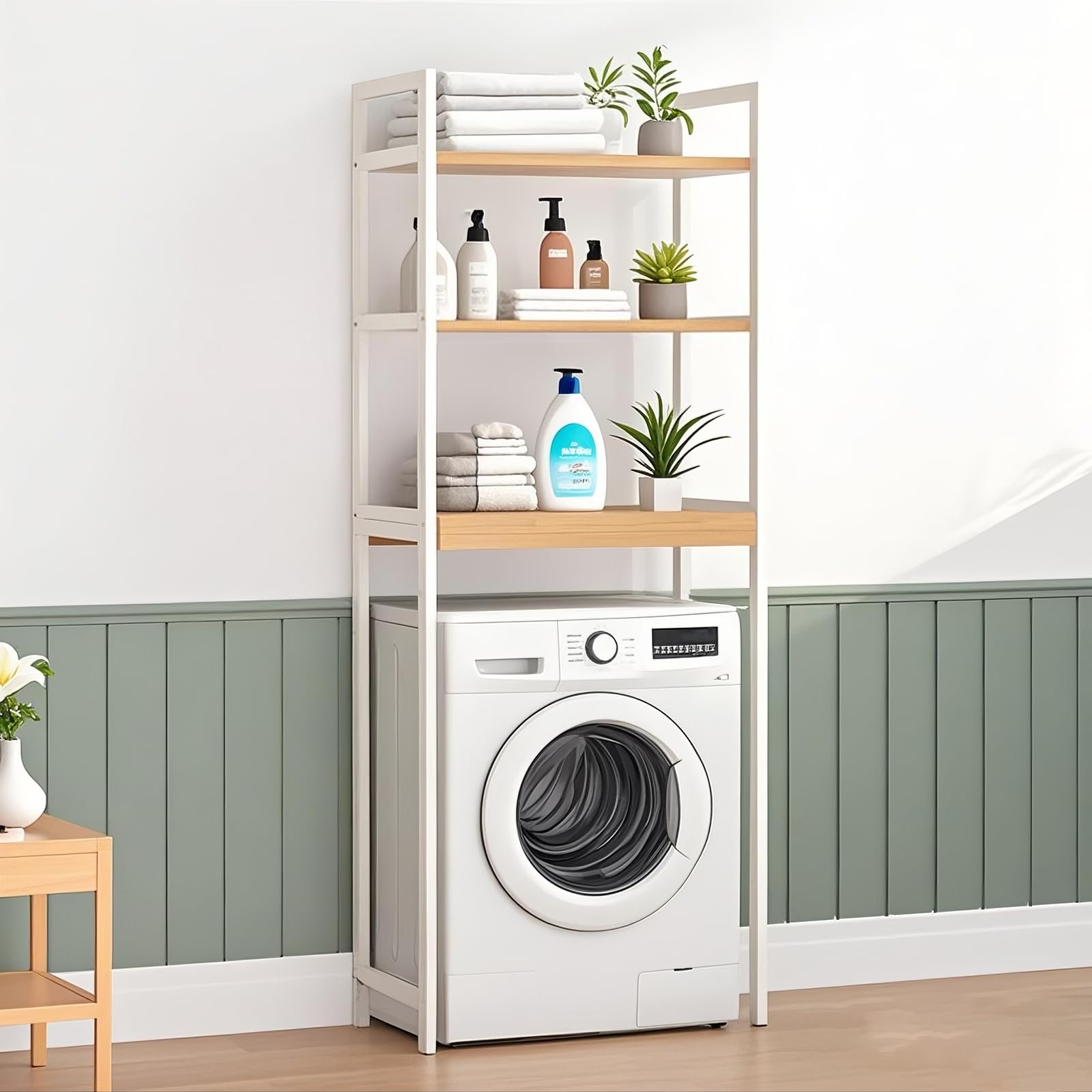 Étagère Machine à Laver, Meuble Lave Linge, Meuble Machine à Laver en Bambou avec 3 étagères, Etagere de Rangement pour Salle de Bain, Cuisine, Salon