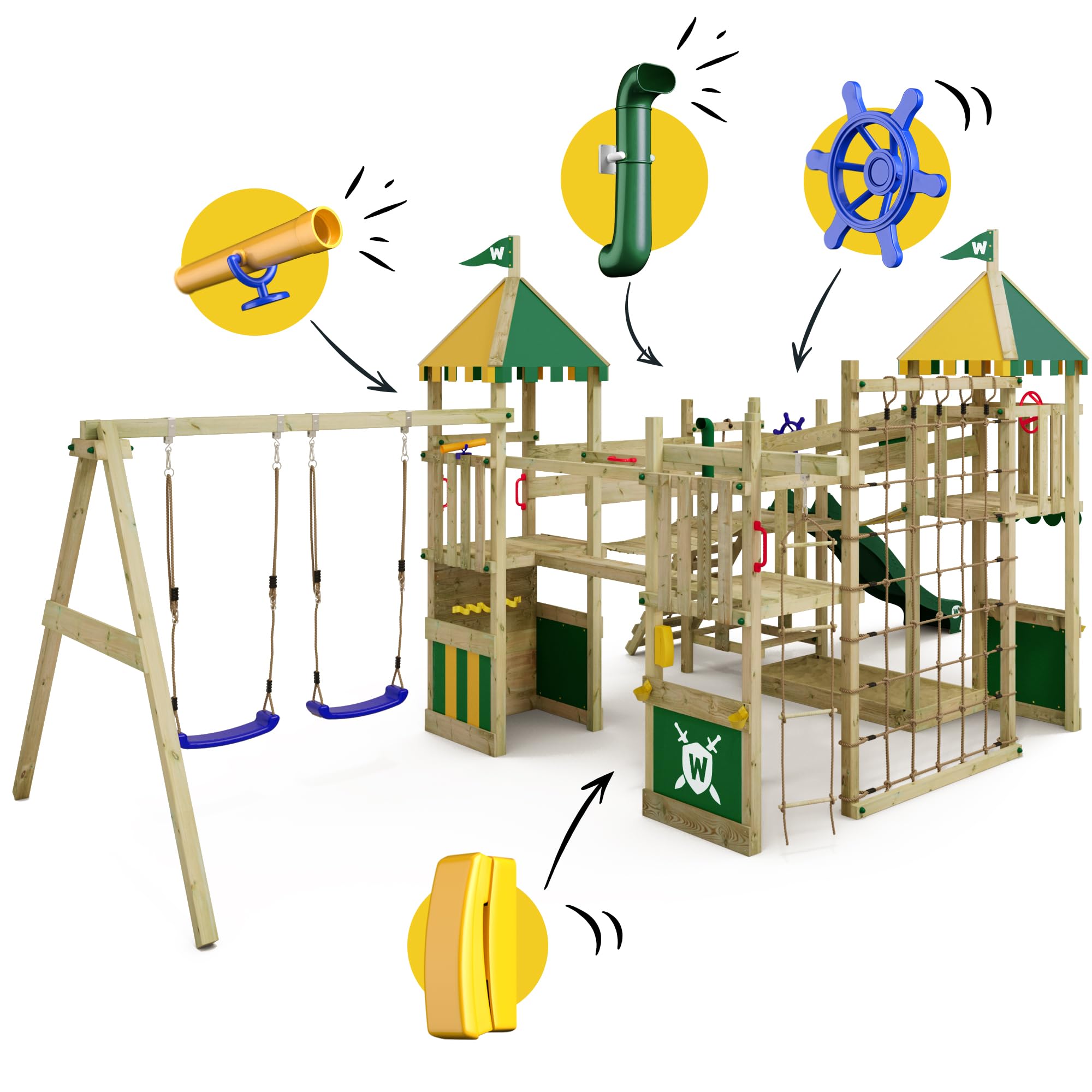 Gioco da giardino a forma di castello WICKEY Smart Queen con altalena, telone verde e giallo e scivolo verde, struttura da esterno per bambini con sabbiera, scaletta e accessori da gioco