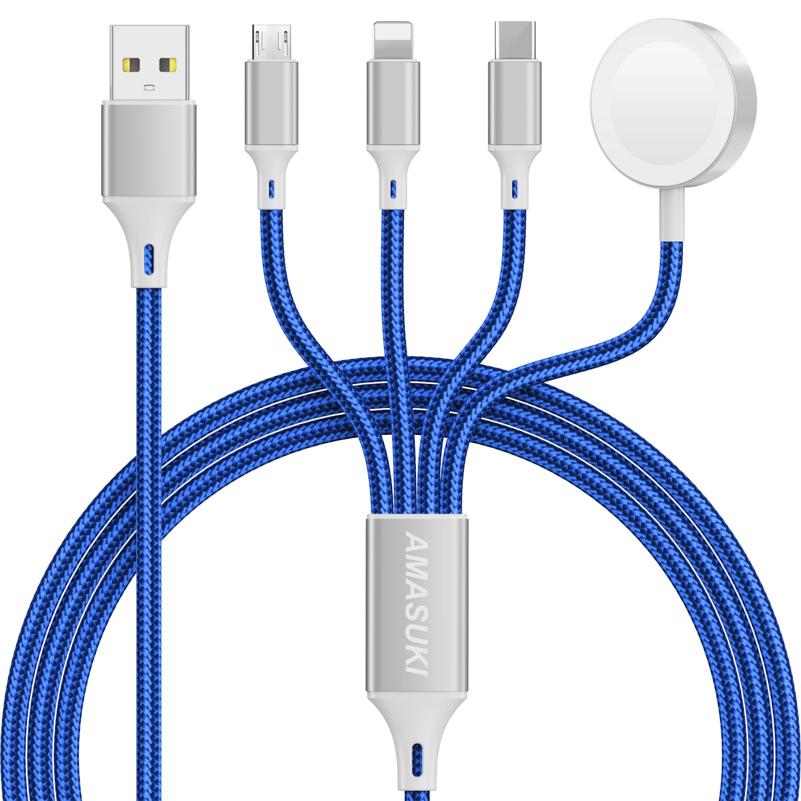 Amasuki Travel Essentials,4 in 1 for Apple Watch Charger/iPhone Charger/Multi Charging Cable,Vacation RV Camping Essentials,USB C/L/Micro Portable Charger for iWatch 11-1/iPhone 17-12,Car&amp;Gift-Blue