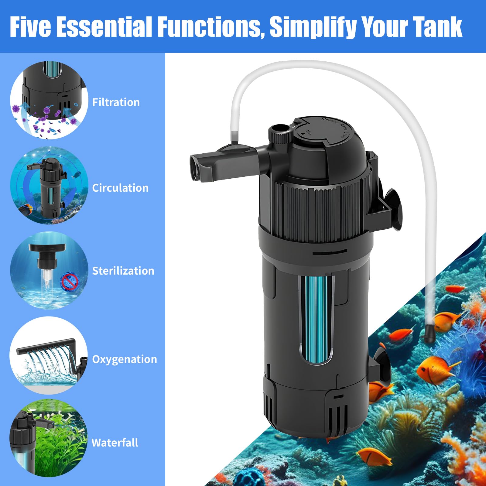 Filtro interno para peceras, filtro de acuario con esterilizador UV que convierte el agua verde en transparente para acuario de 15 a 80 L, filtros ajustables 5 en 1 para peceras con caudal