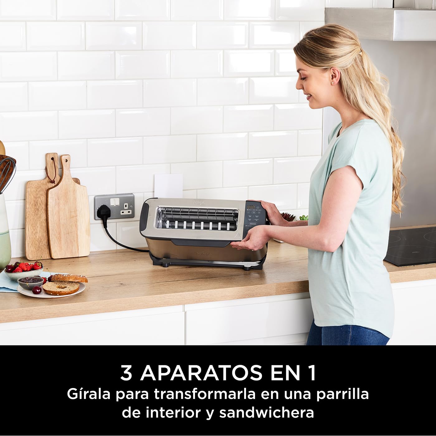 Ninja Foodi Tostadora, parrilla y sandwichera 3 en 1 con diseño de volteo, 7 funciones de cocción, 7 niveles de tostado, incluye bandeja para hornear y bandeja para migas, en acero inoxidable, ST202EU