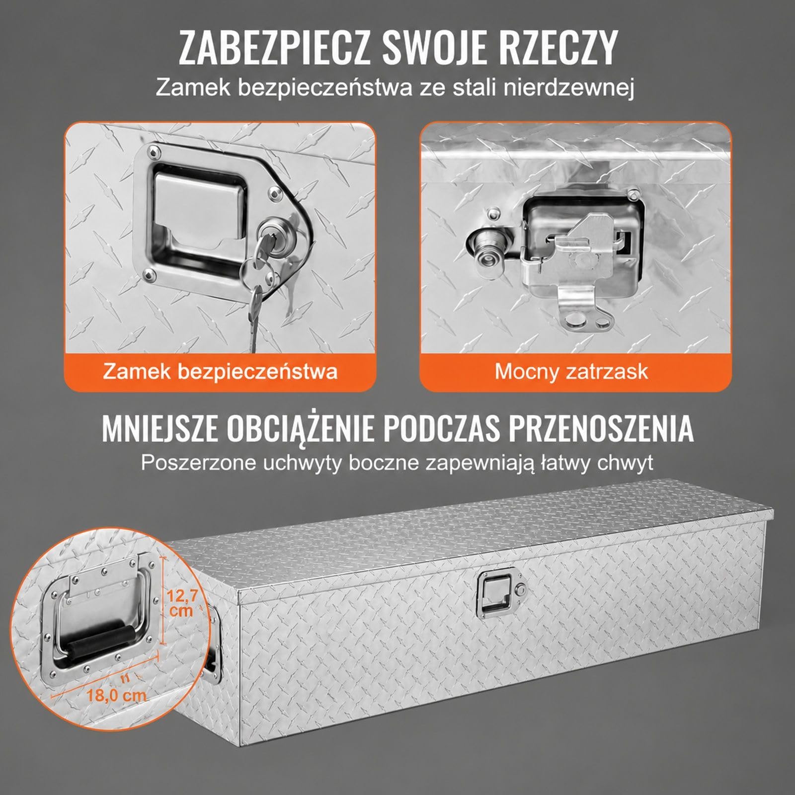 Aluminiowa skrzynka narzędziowa do samochodu, srebrna ryflowana obudowa z uchwytem bocznym i kluczami do paki pick-upa