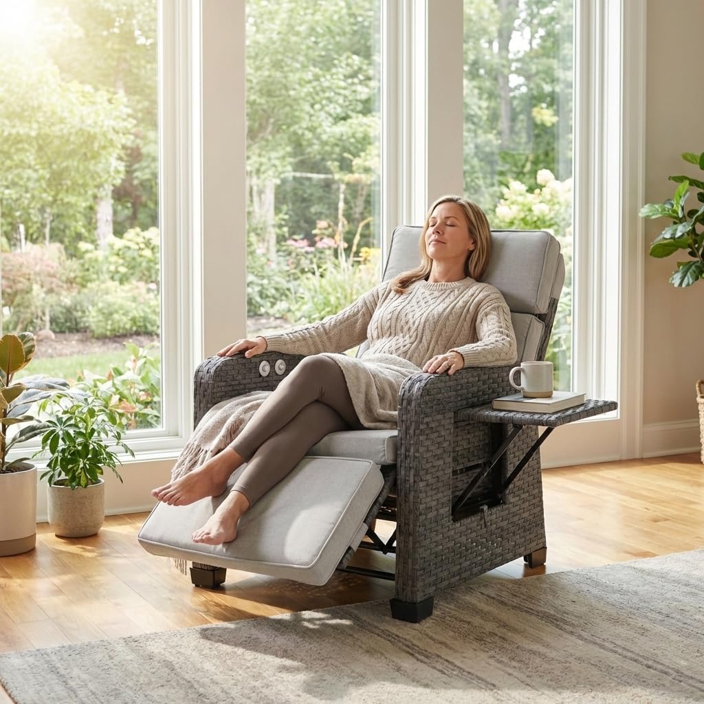 Restland Outdoor Recliner with Independent Adjustable Back & Footrest Wicker Patio Reclining Chair with Flip Table Comfortable Lounge Chair & Thick Cushion for Deck, Porch (Grey)