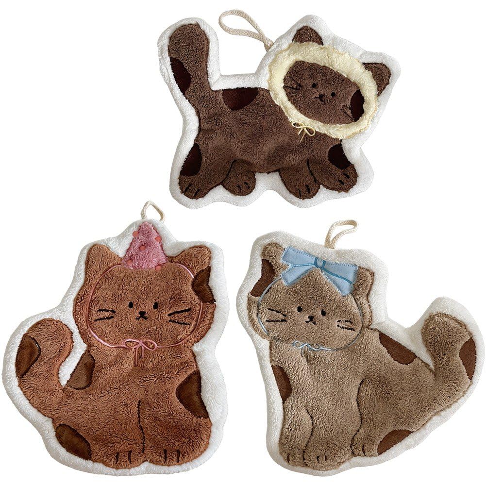 Ymxygz 3 Pack Cute Cat Hand Towels, Bathroom Towels with Hanging Loop, Animals Microfiber Coral Fleece Absorbent Hand Towel for Kitchen Bathroom Bedroom