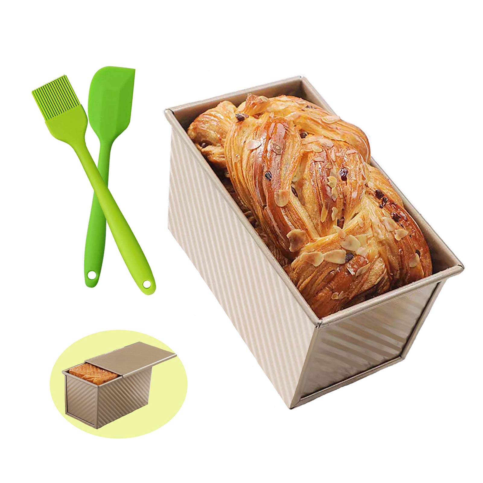 Loaf Pan with Lid Bread Baking Pan Bakeware Bread Pan Non-stick Aluminum Toast Box Toast Baking Pan Bread Toast Mold with Silicone Pastry Brush and Spatula for Oven Baking (7.5 x 4 x 4.4inch)