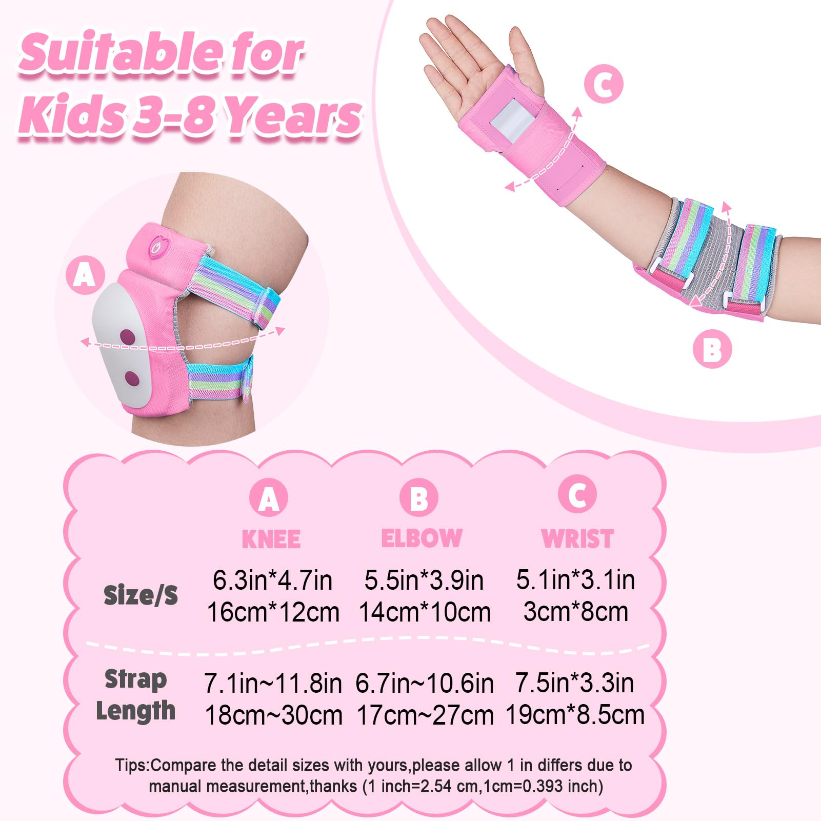 Knee Pads for Kids with LED Lights, Kids Knee Pads and Elbow Pads Wrist Guards Set with Drawstring Bag for Girls 3-8 Years Adjustable Protective Gear Set for Scootering Cycling Skateboarding