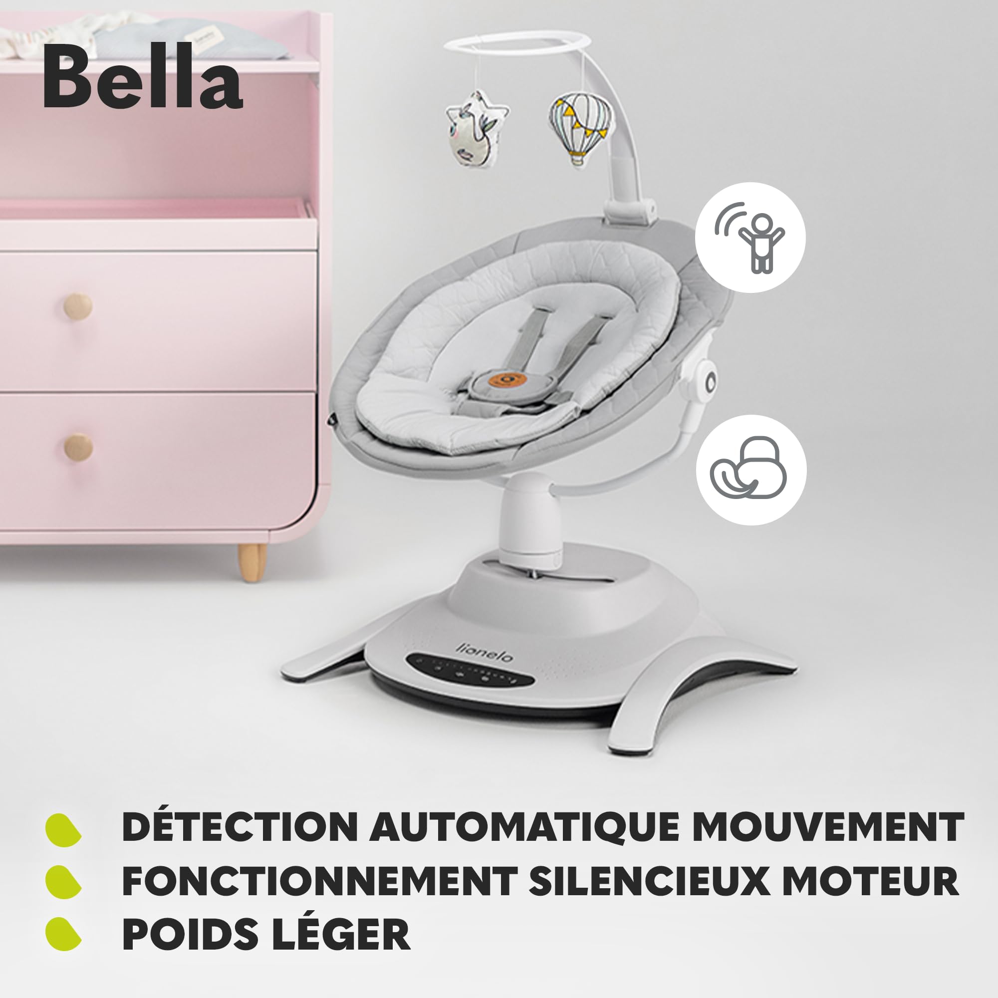 LIONELO Bella Balancelle Bebe Electrique Pivotante à 360° pour les Bébés jusqu'à 9 kg, Dossier Réglable, 5 Vitesses de Balancement, Ceintures de Sécurité, Détection de Mouvement, Antidérapante