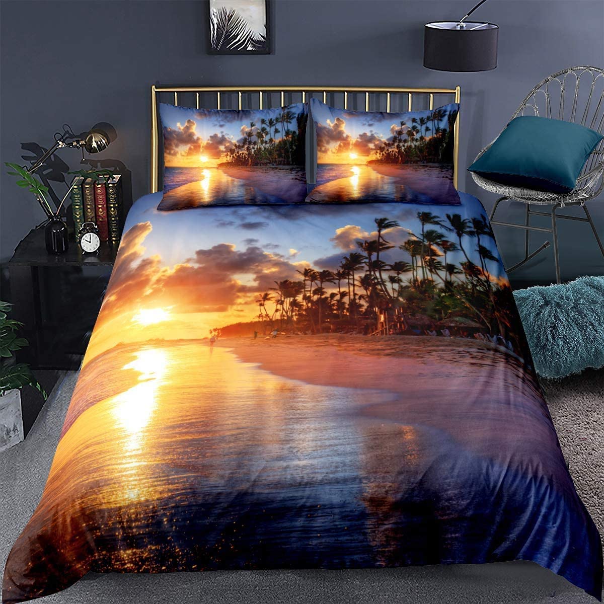 Homemissing Beach Duvet Cover Set Summer Sea Ocean Bedding Set Hawaiian Tripocal Palm Tree Nature Scene Comforter Cover Microfiber With 1pillow Shams,Zipper, 3d Single Sunset 2 Pieces โ image 1