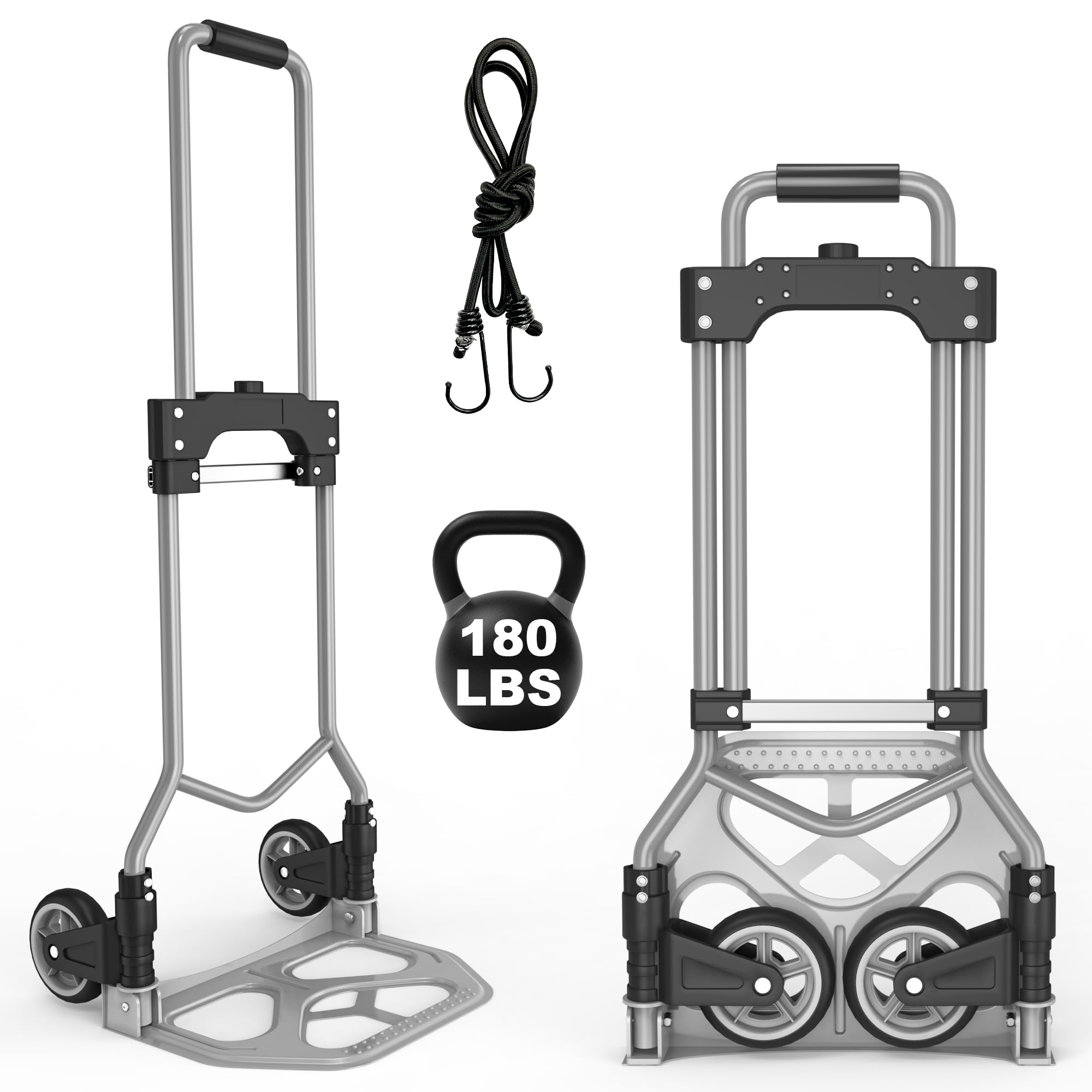 Folding Hand Truck Dolly Cart, 180LBS Portable Aluminum Hand Truck Foldable with Telescoping Handle and Elastic Cord for Luggage, Boxes, Functionality Foldable Dolly for Home, Moving, Black Gray