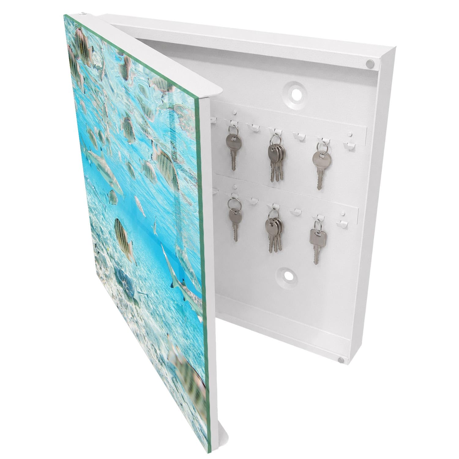 Armadietto Portachiavi 30x30 cm | Bianco | A Sinistra | Montaggio a Parete | Vita acquatica | Frontale Decorativo in Vetro Temperato | per Uffici | in Metallo | Tasselli e Viti Inclusi