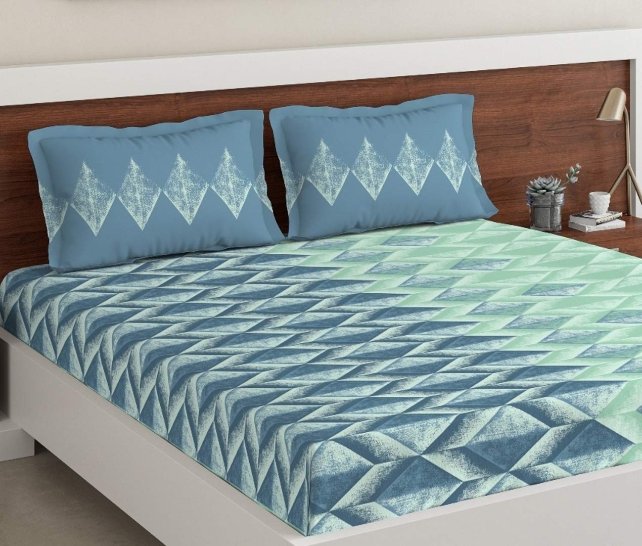 DDECOR - Diamond 100% Cotton Double Bedsheet with 2 Pillow Covers, Blue