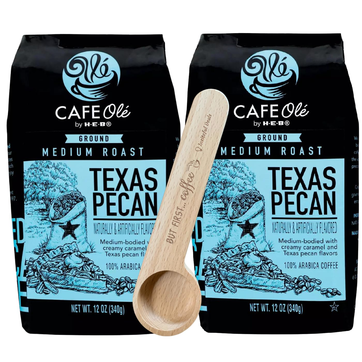 Cafe Ole Texas Pecan Ground Coffee (HEB) Bundle with Wooden Coffee-Themed Scoop - Pack of 2-12 Ounces (oz) - Exclusively from Insiteful Deals