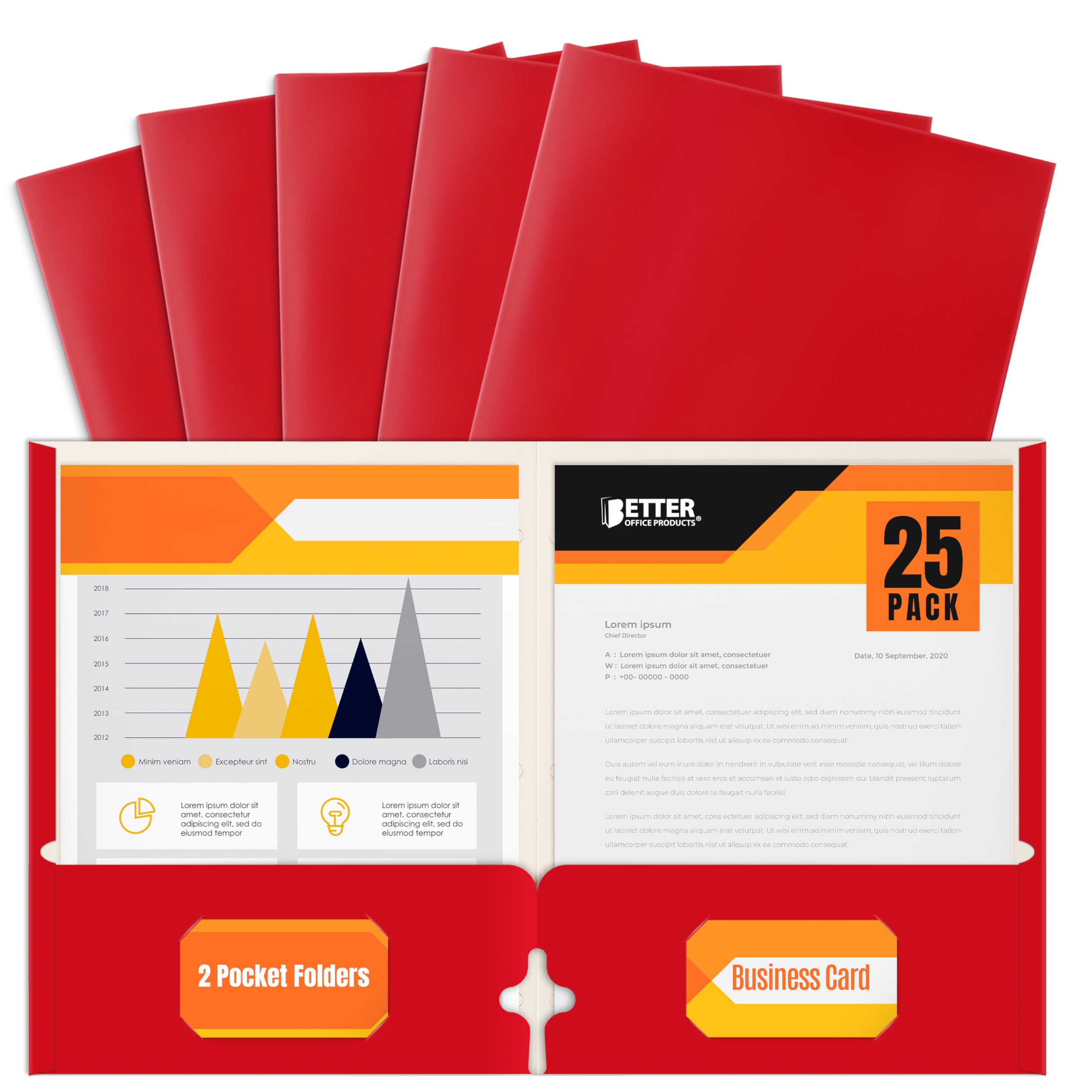 Better Office Products 2 Pocket Glossy Laminated RED Paper Folders, Letter Size, Red Paper Portfolios Box of 25 Red Folders