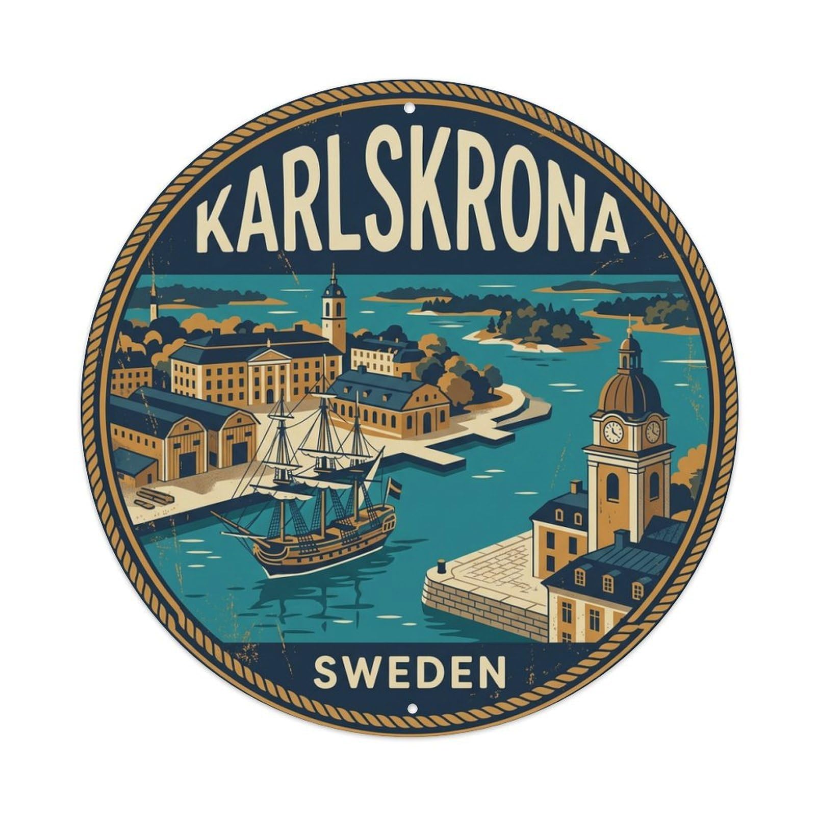 Vintage Travel Karlskrona Sweden Naval Metal Tin Sign