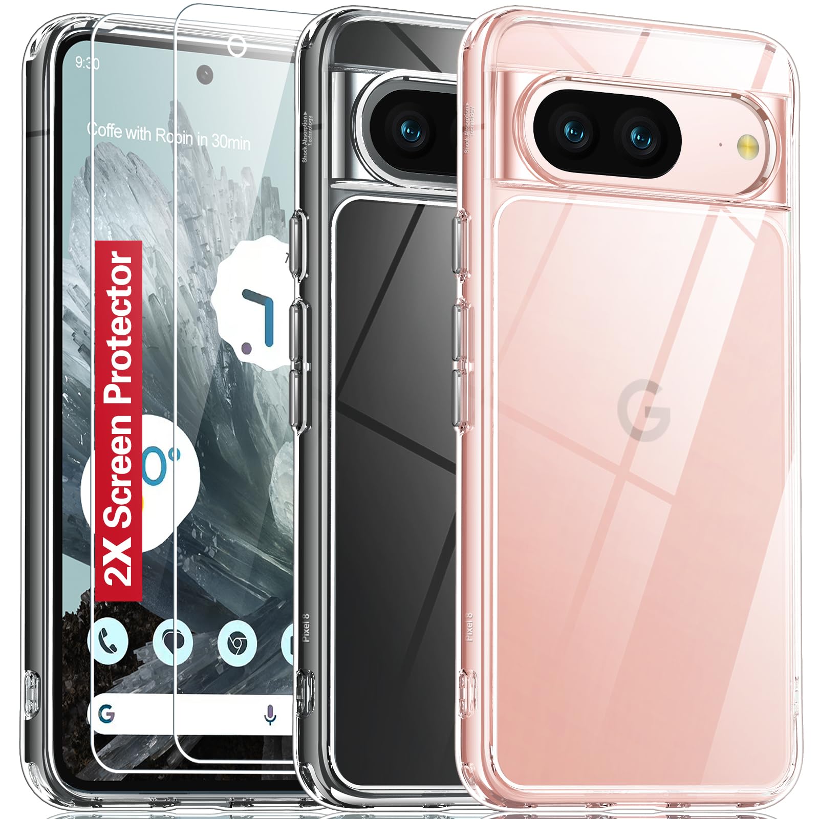 Oterkinfor Google Pixel 8 Case Clear,[Anti-Yellowing] Pixel 8 Case with 2×[9H Screen Protectors][Built-in 4 Airbags][10FT Military Grade Shockproof] Anti-Scratch Hard PC Back Case for Google Pixel 8