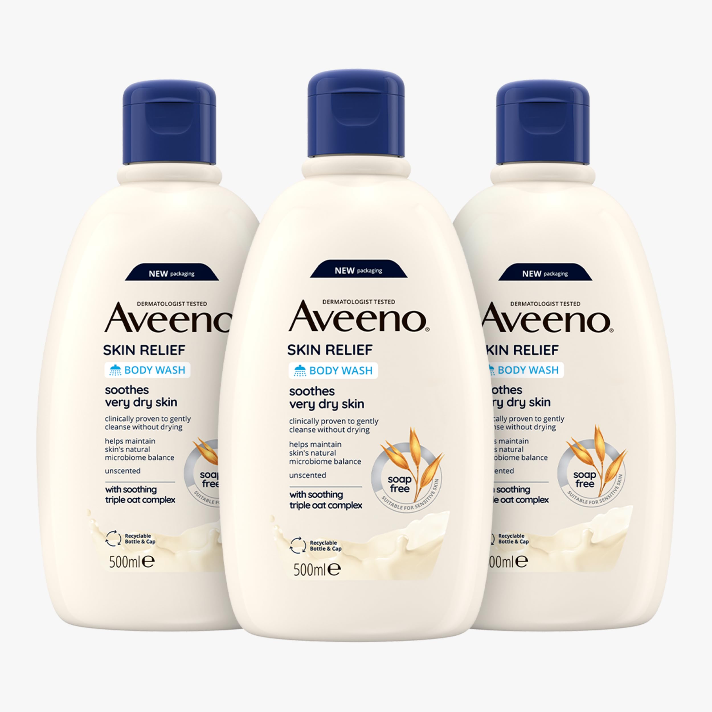 Aveeno Skin Relief Moisturising Body Wash Bundle (3x 500ml), Gentle Cleansing Wash with Soothing Triple Oat Complex, Soap-Free, Unscented for Sensitive and Very Dry Skin