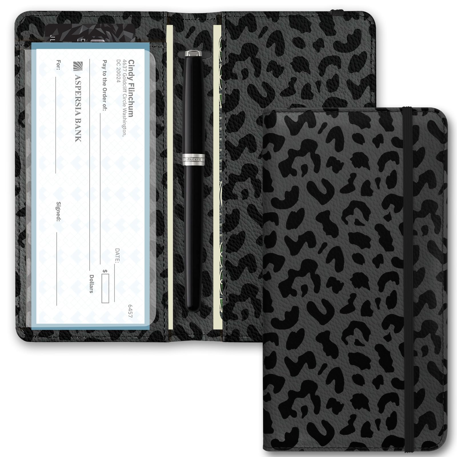 Checkbook Cover for Men Women, Premium Leather Checkbook Holder with RFID Blocking and Built in Clear Plastic Divider for Personal and Business Checks (Leopard-Black)