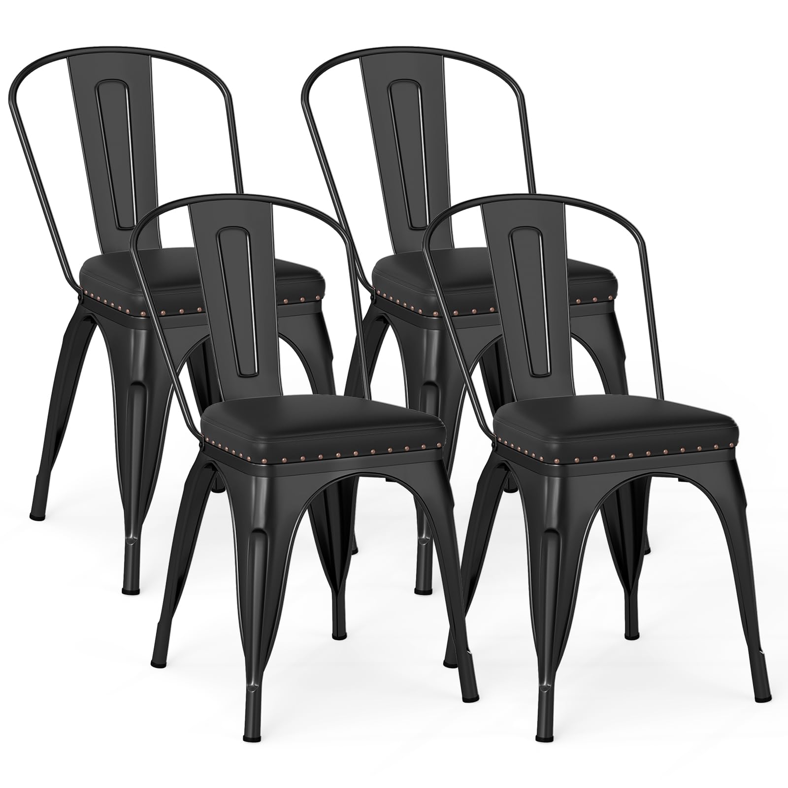 TANGZON Stackable Dining Chairs Set of 4, Metal Tolix Chairs with PU Leather Padded Seat & Removable Slat Backrest, Industrial Bistro Side Seating for Kitchen Dining Room Restaurant (Black)