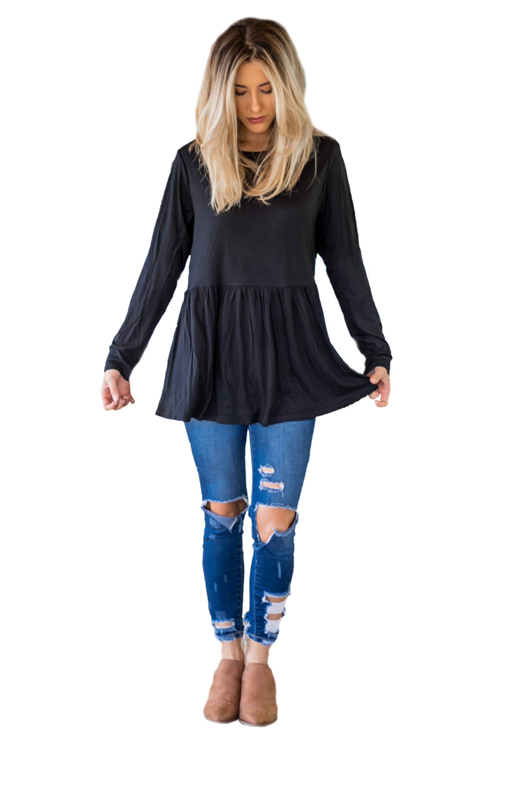 Tickled TealWomen's Solid Color Long Sleeve Super Soft Round Neck Babydoll Peplum Top