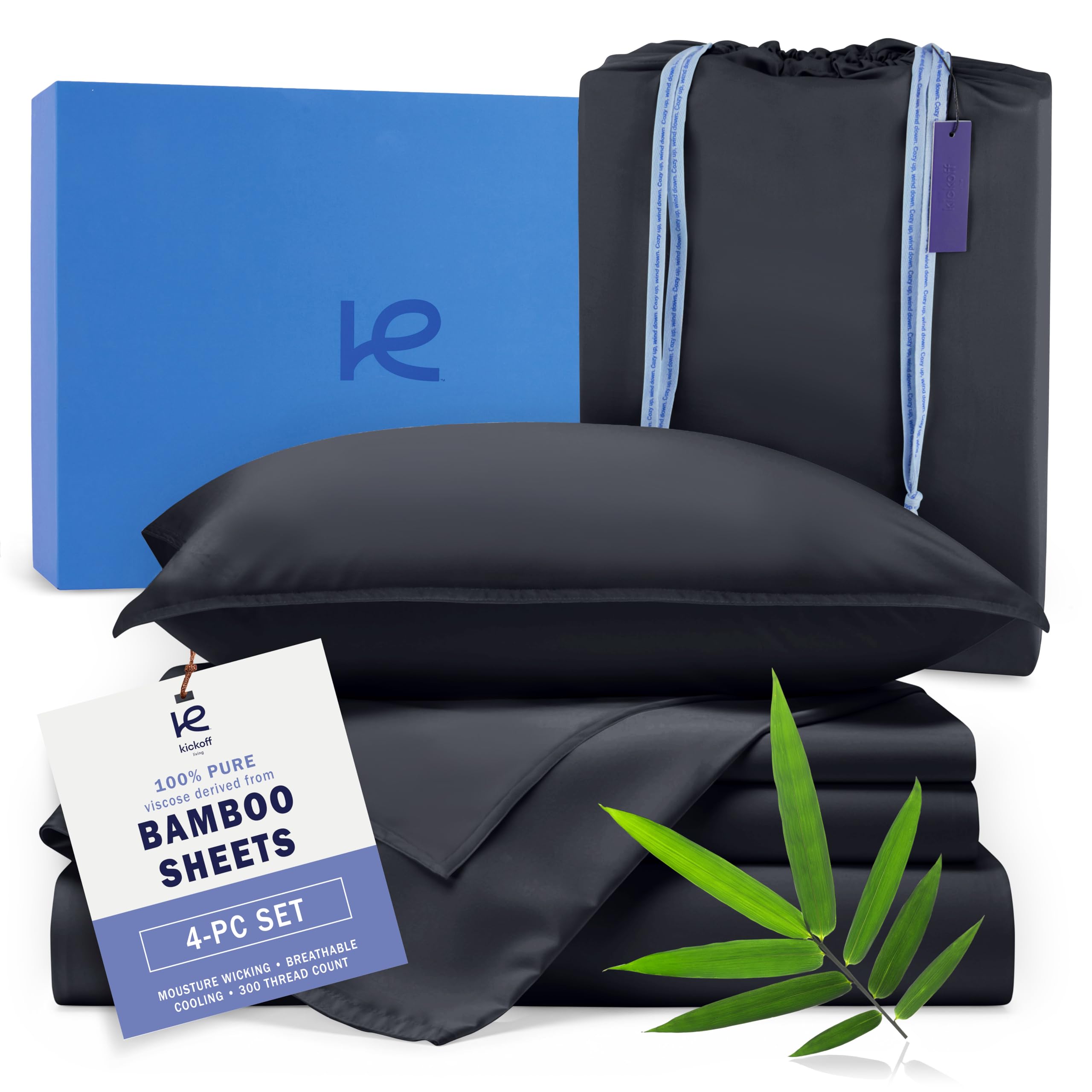 Kickoff Viscose Bamboo Sheets Queen Size 4-pc 100% Organic Bamboo Viscose Bed Cooling Sheets Queen Size Set Cool Bedding for hot Sleepers Sheet, Flat,