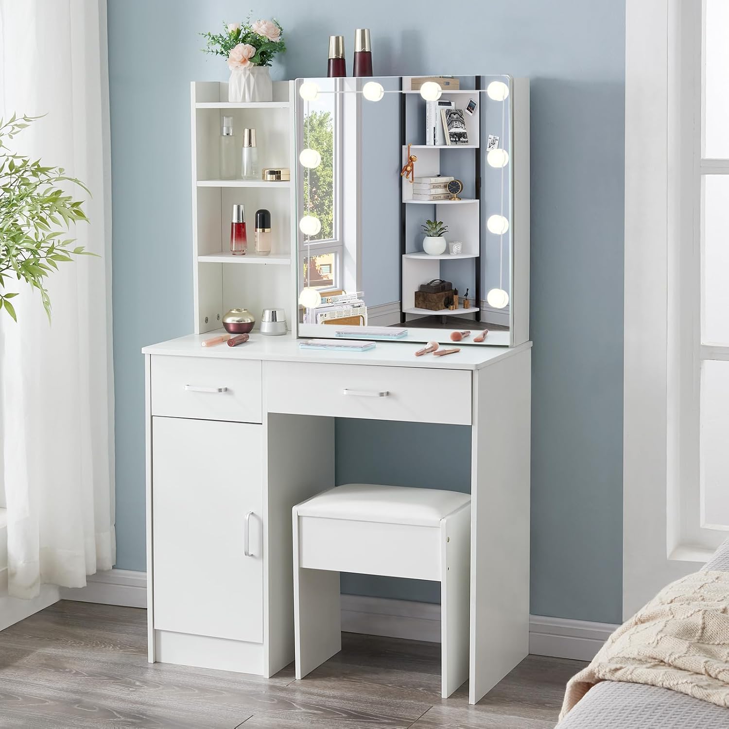 Puselo Large Dressing Table With Mirror and Stool,Makeup Table With Drawers and Mirror,Modern