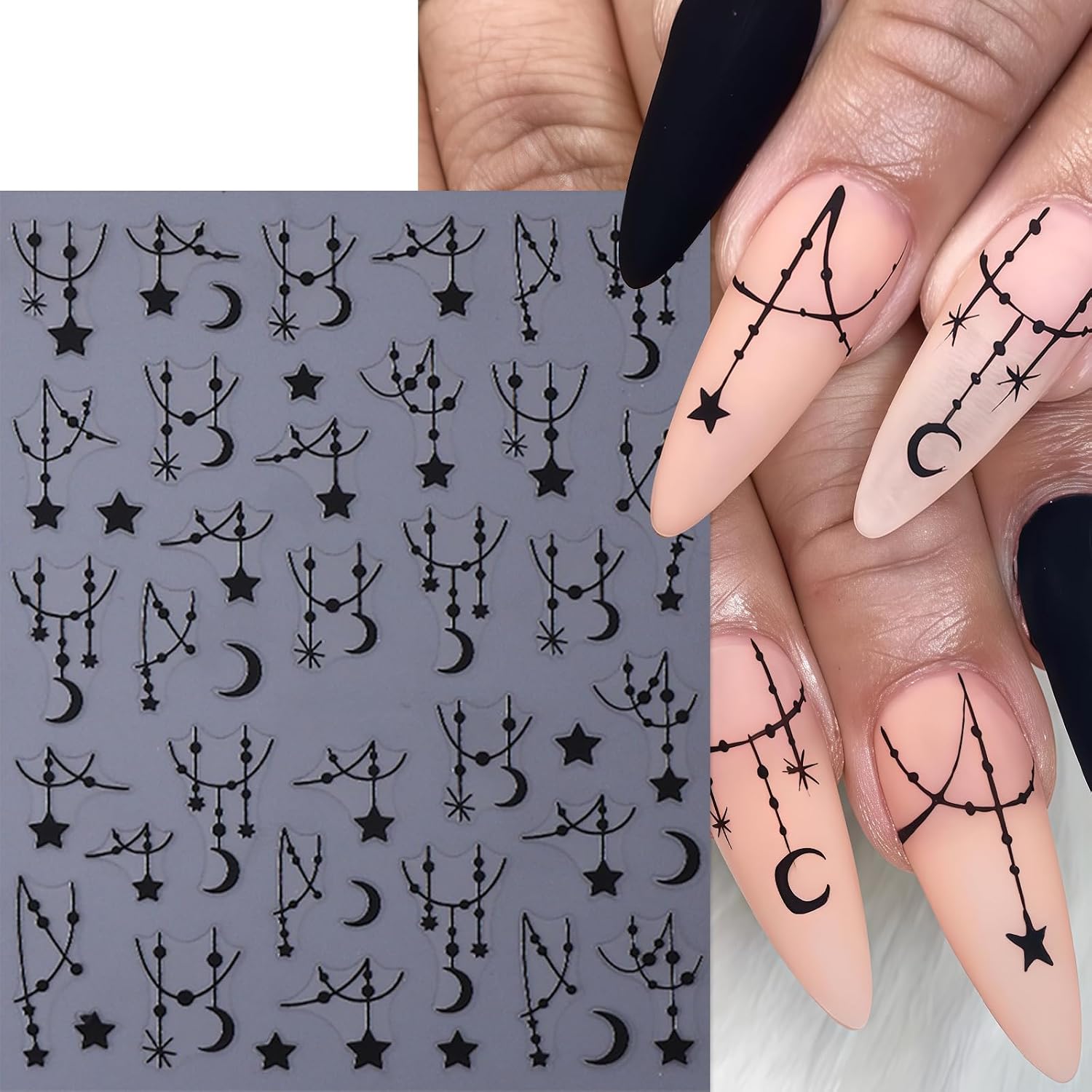6 Sheets Black Silver Line Nail Art Stickers 3D Self-Adhesive Stars Moon Stripe Nail Decals Y2K Style Nails Supplies Retro Line Moon Star Nail Design for Women Nail Tips DIY Manicure Decor Supplies
