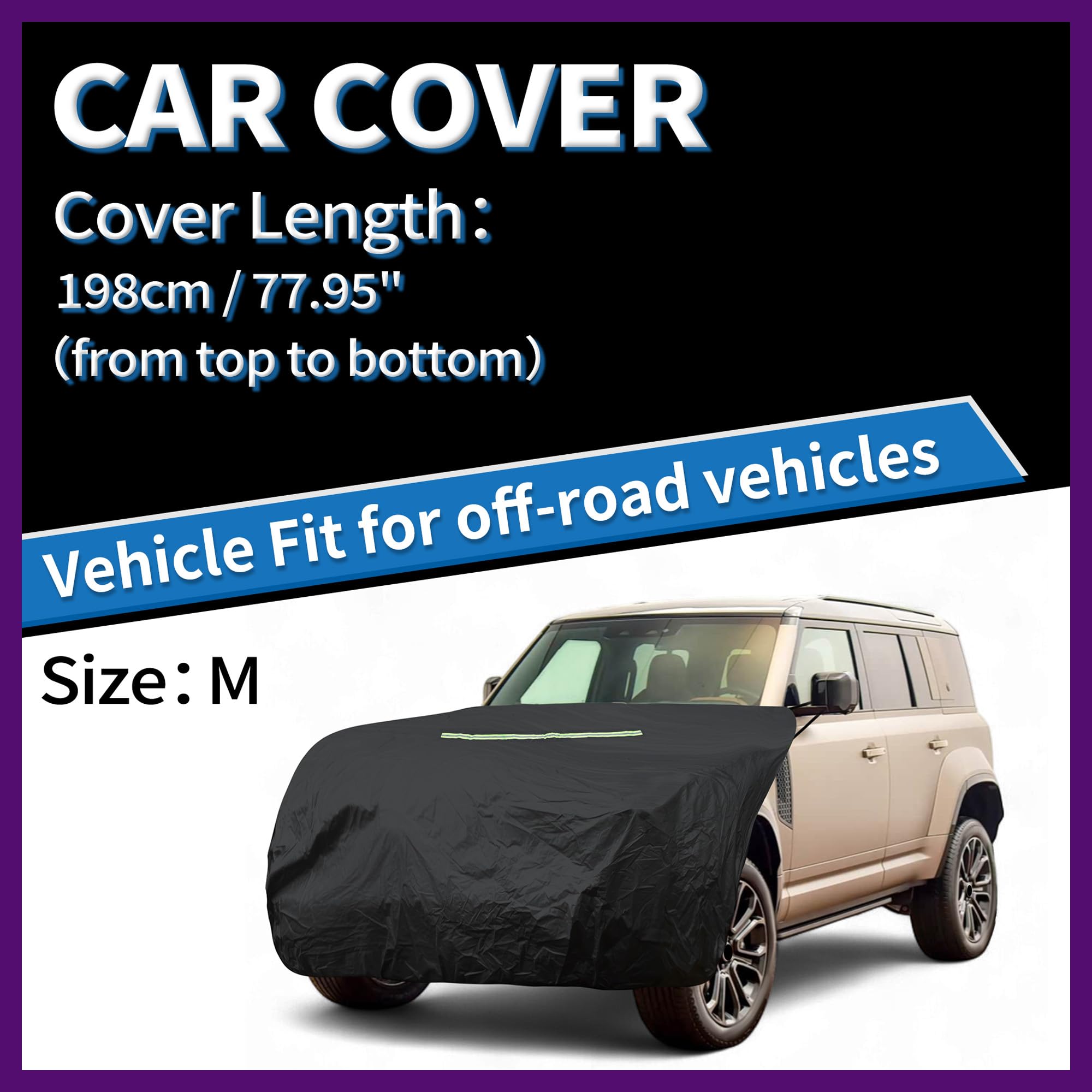 FUELHOOD SUV/オフロード車用 フロントカバー ボンネットカバー ブラック ヘッドライト黄ばみ防止 UVカット | Mサイズ、長さ198cm、裏起毛、雹対策、蛍光反射テープ、防風ロープ付き、収納袋付き、210Dシノケミカル棉素材、耐摩耗性、撥水加工、防水、防塵、耐傷、全天候プロテクション、簡単メンテナンス、コンパクト設計、軽量、折りたたみ可能、洗濯可能