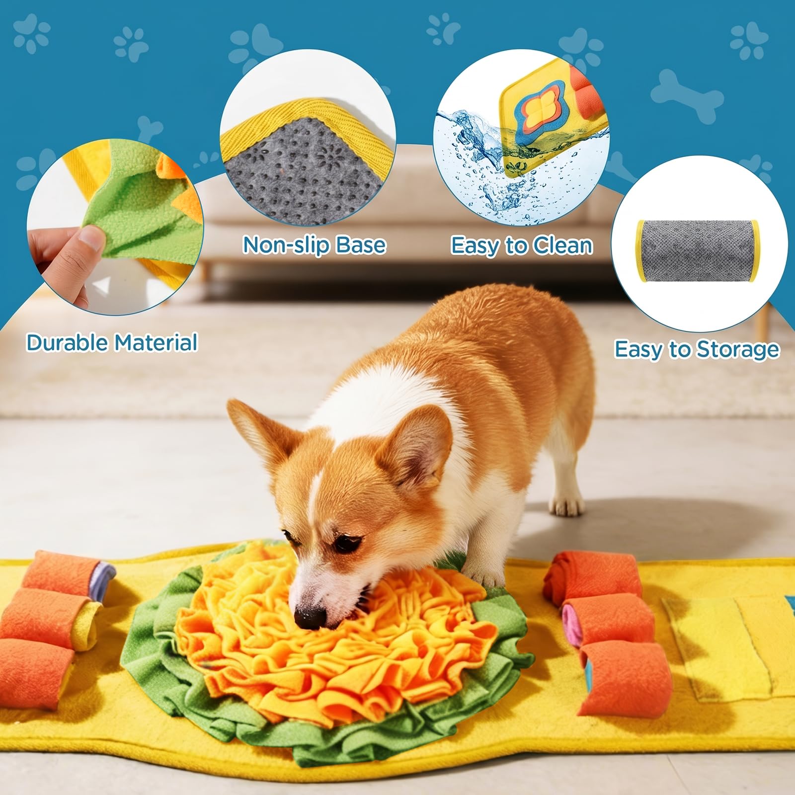 VINATO Tappeto Olfattivo Cane, 80 * 29cm Tappetino Interattivo per Cani Antiscivolo, Lavabile e Pieghevole Tappetino Olfattivo Cane Tappeto per Cani Gioco Interattivo per Gatti e Conigli, Giallo