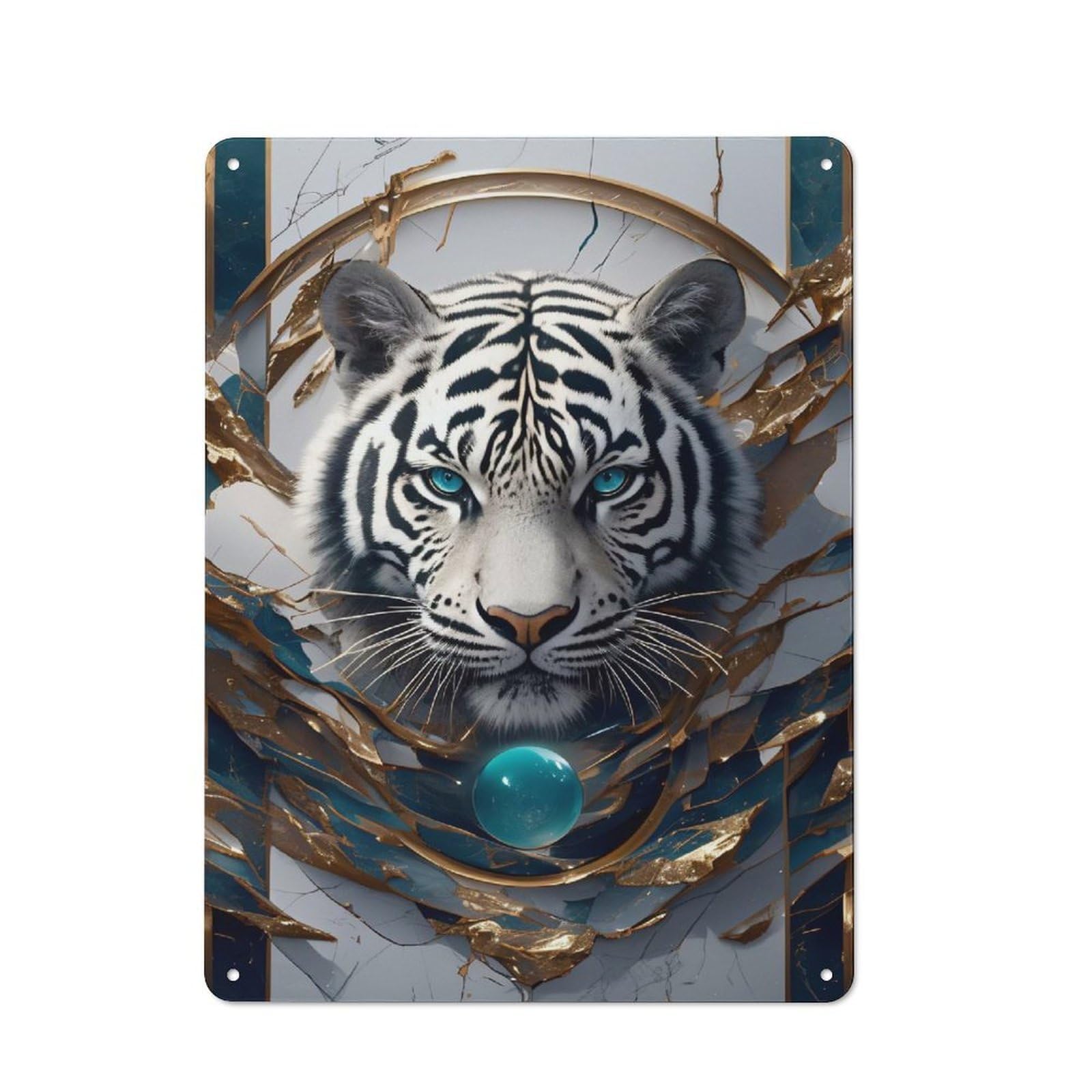 Classic Vintage Metal Sign 40x30cm Featuring White Tiger with Blue Orb Portrait, Home Bar Decor for Cafe, Pub, Workshop Or Home Bar