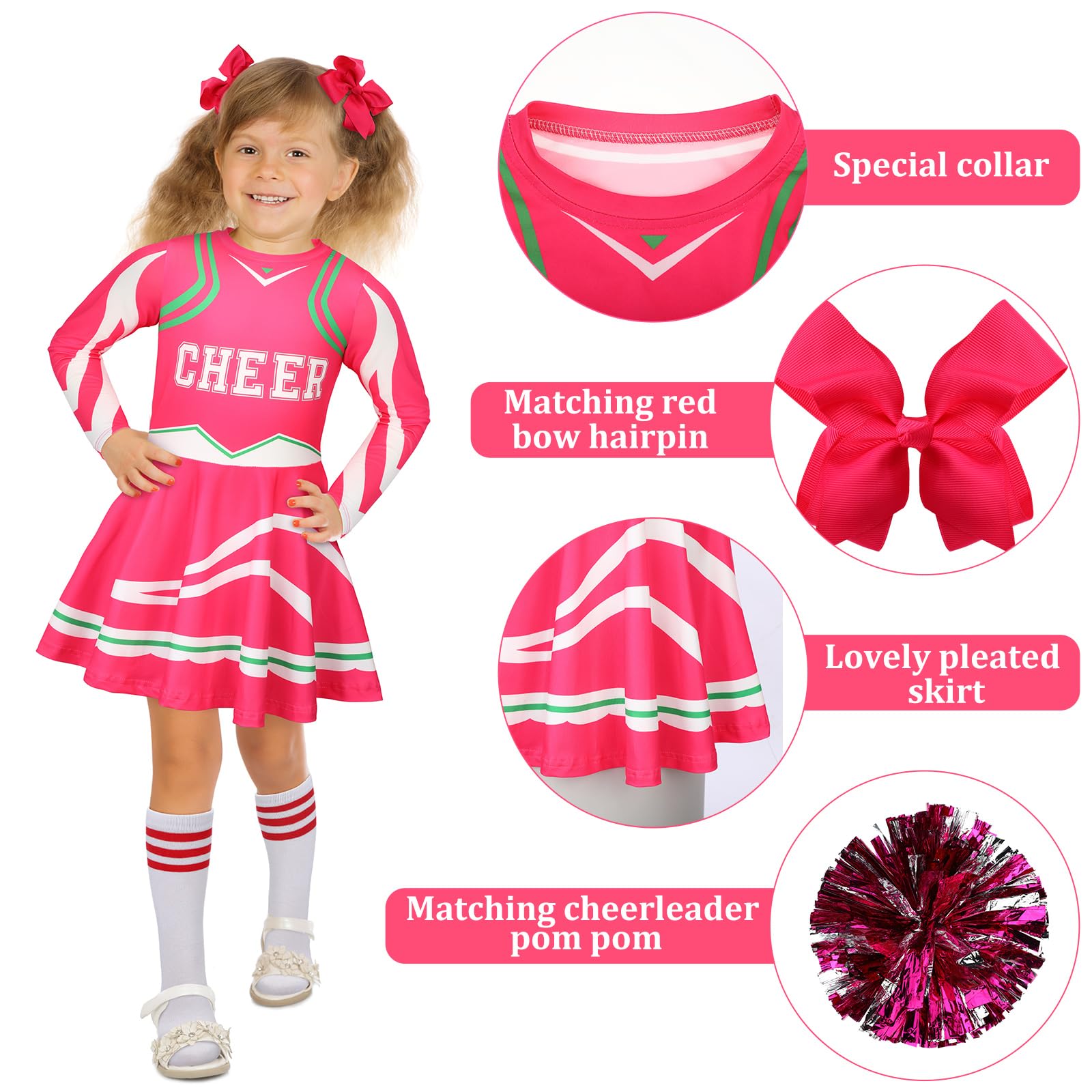 Tisancy 6 Pcs Halloween Cheerleader Costume for Girls Set Toddler Cheerleader Outfit with Pom Poms, Hair Bows and Socks (Classic Style,Small)