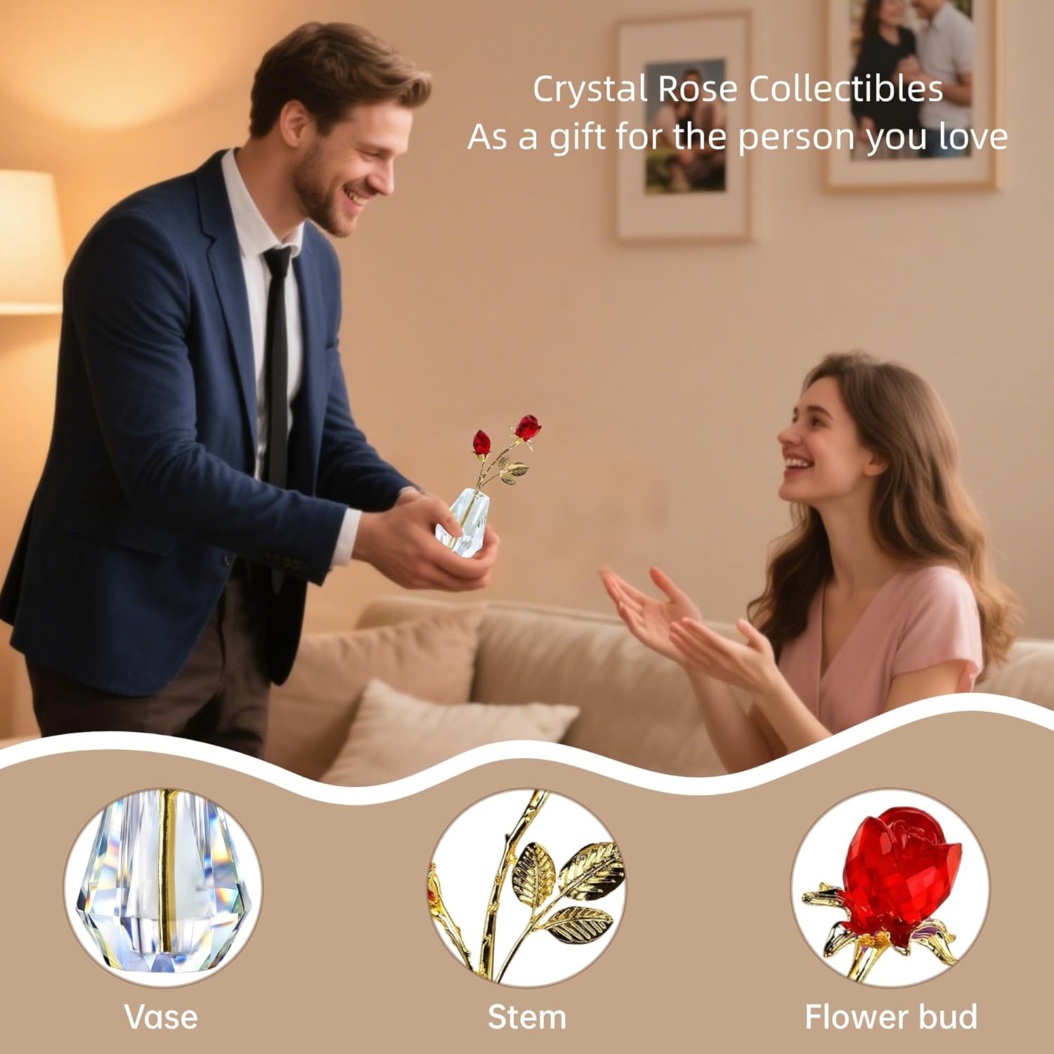 RONGKRISTO Crystal Red Rose Figurine Collectible Glass Double Roses Flowers Bouquets Ornament Decor for Home Wedding Party (Red) - Image 5