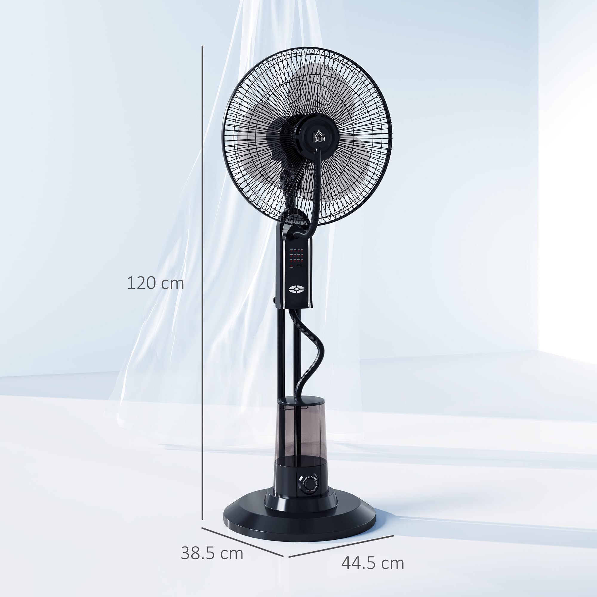 HOMCOM Ventilatore Nebulizzatore 75W con Serbatoio 3.2L, 3 Modalità, 3 Velocità, Ventilatore a Piantana con Oscillazione 75°, Inclinazione 10°, Telecomando, Timer 7.5h, Diametro 44.5cm