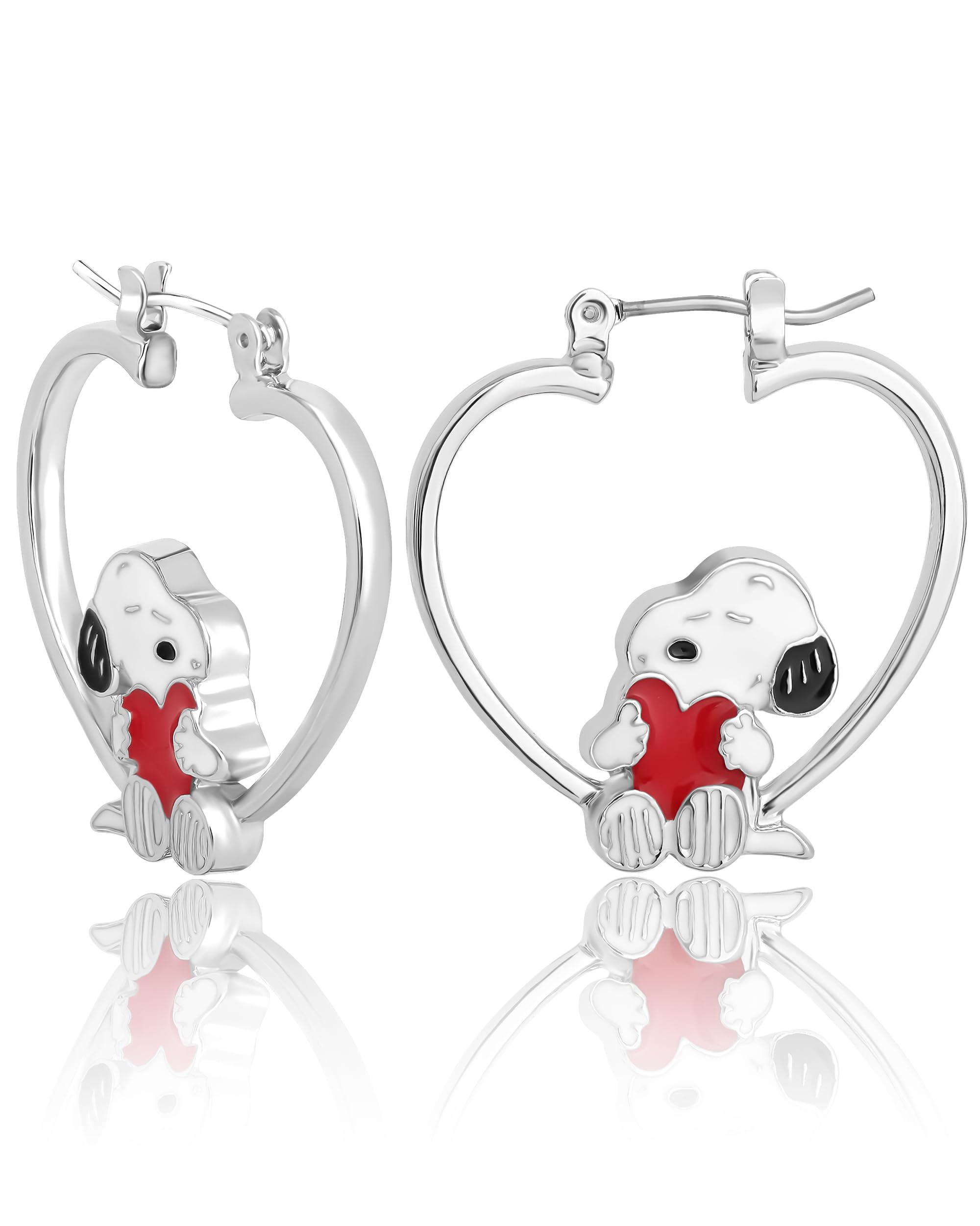 Peanuts Snoopy Heart Hoop Earrings for Women Official License, Silver-Tone, Valentines Earrings