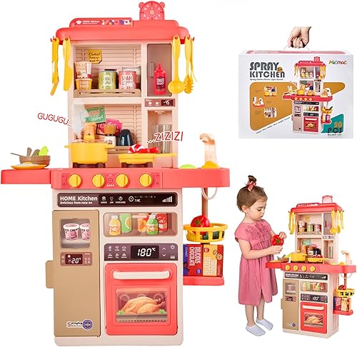 Juego de cocina para niños, 47 piezas de juguetes de cocina de 25 pulgadas para niños pequeños, juego de accesorios de juguete con sonidos y luces