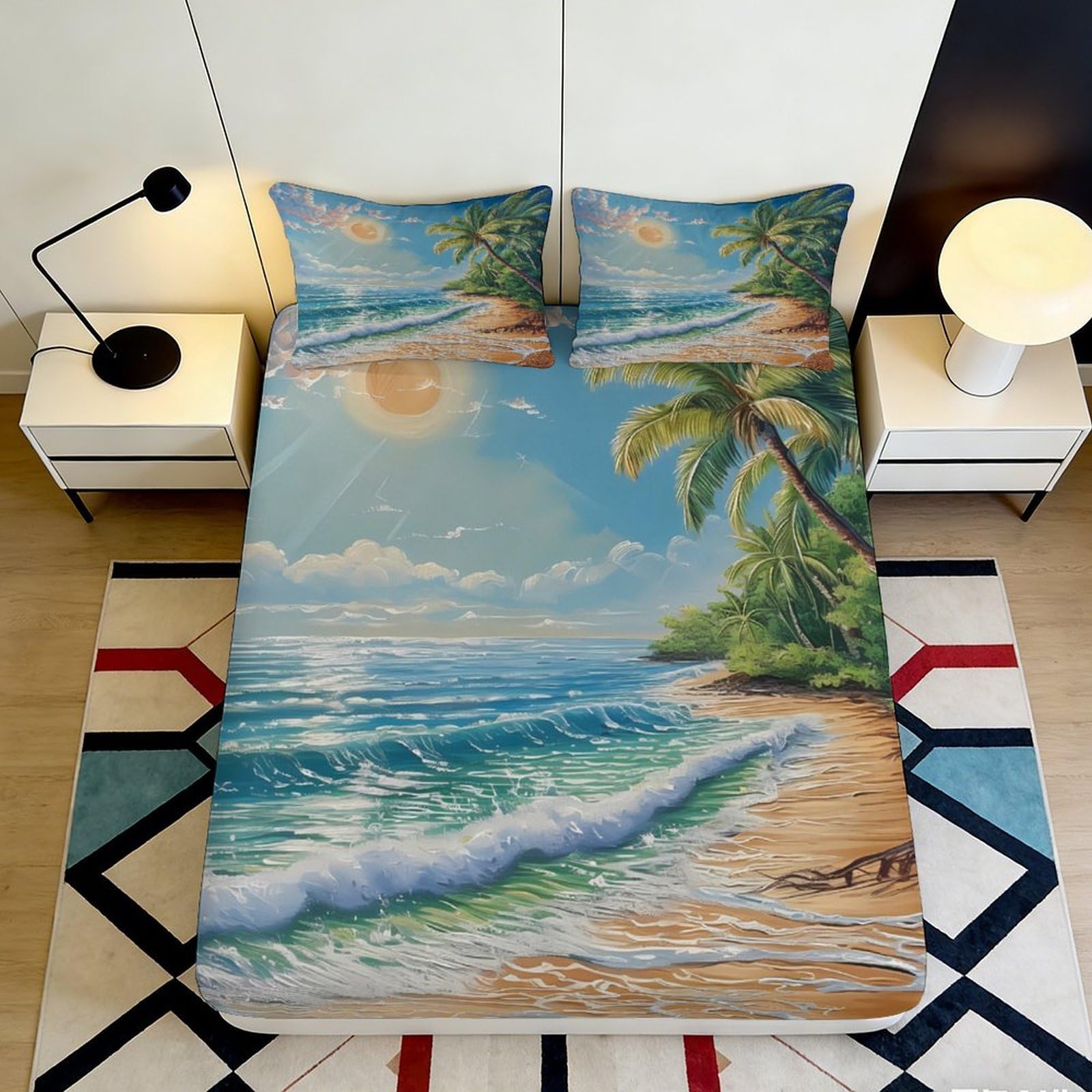 3D Printed Tropical Beach Fitted Sheet Microfiber Soft Ocean Wave Mattress Cover for Bedroom Guest Room Decor 90x200x25cm