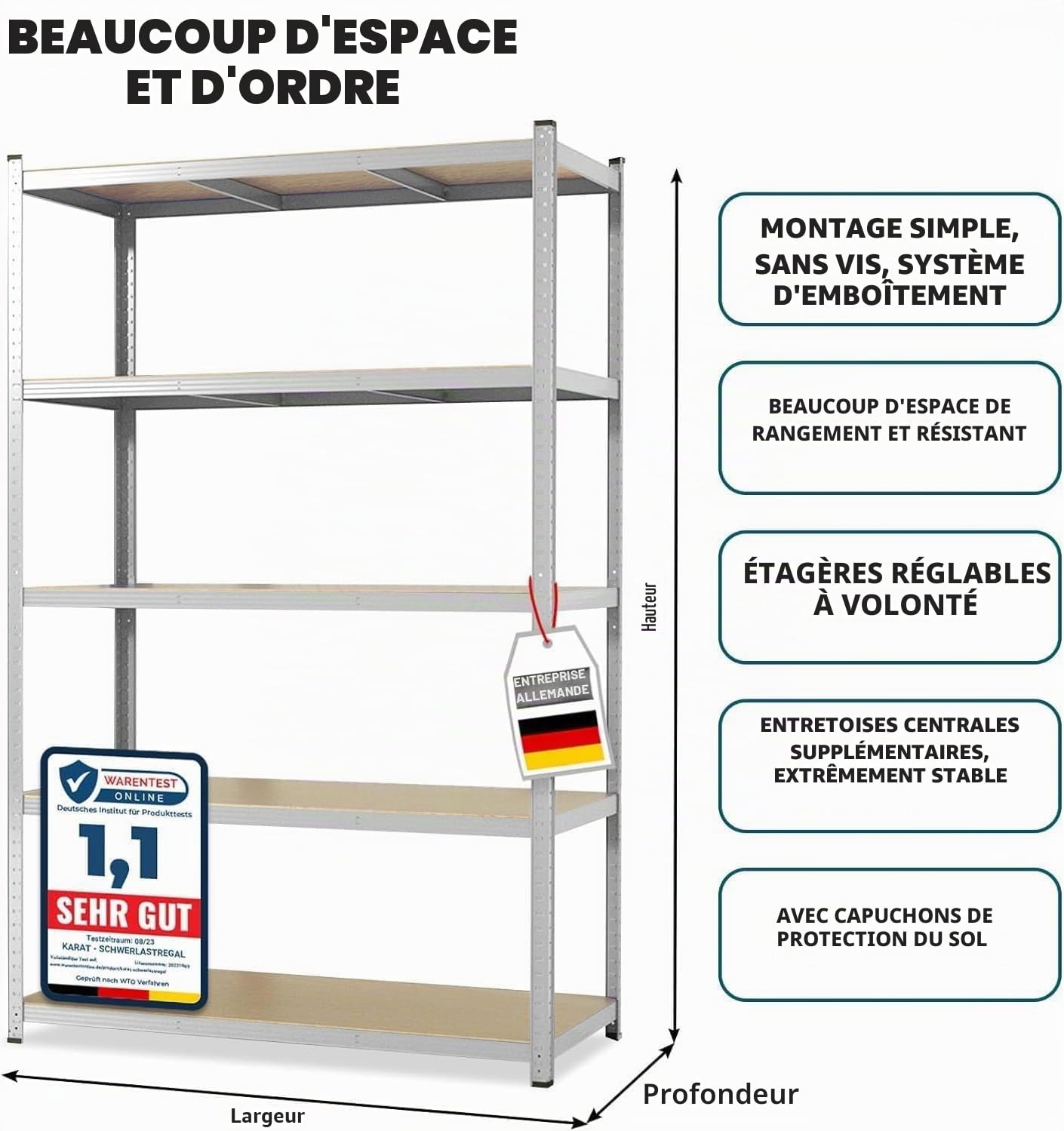 KARAT Étagère pour Charges Lourdes - Enfichable, de Sous-Sol, Établi - Charge Maximale : 1250 kg - Montage Rapide et Stable (Galvanisé, 200 x 90 x 45 cm)