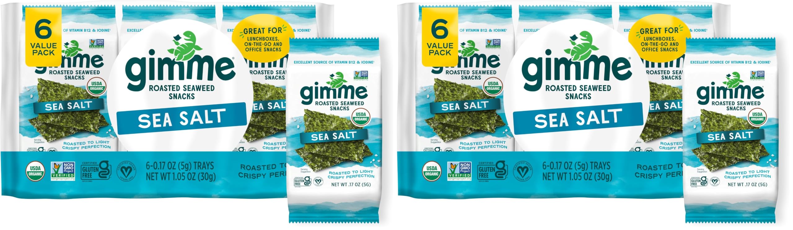 gimMe Seaweed, Sea Salt, 6 Count, Pack of 2 | Organic | Keto & Vegan | Gluten Free | Source of Iodine USDA Organic