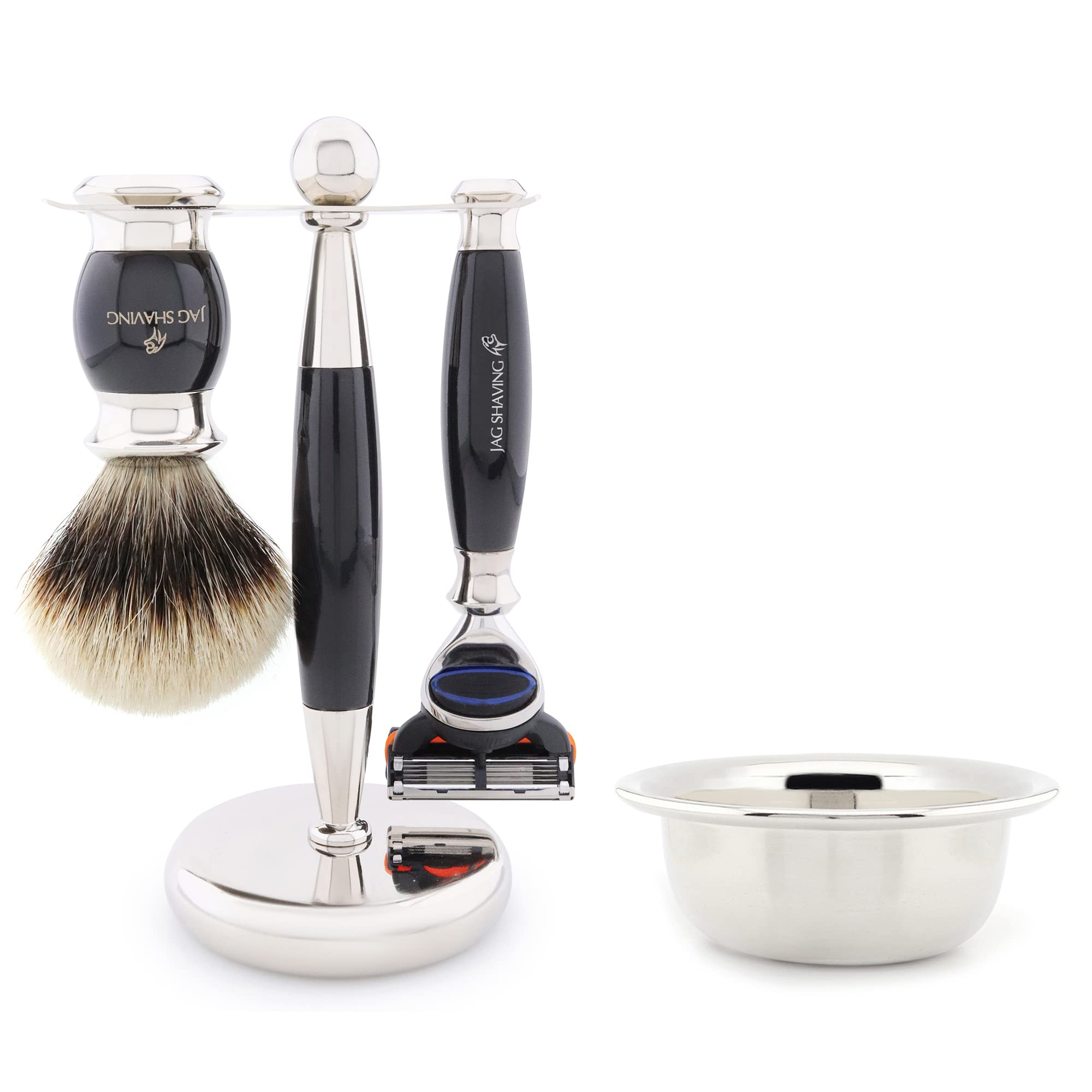 Jag Shaving Rasierset - 4-teiliges Rasierset - JAG's LEE Range - Silberspitz Dachshaar Rasierpinsel - 5 Kante Rasierklingen Rasierhobel - Rasierschale - Rasierständer - Schwarz Geschenkset