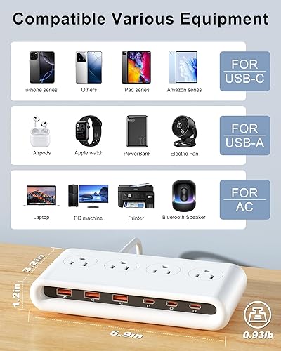 Miniatura 5 de Regleta de alimentación con USB C de 35 W, cargador de pared de enchufe plano 10 en 1, cable de extensión de 5 pies con 4 AC, 3 USB A y 3 USB C -