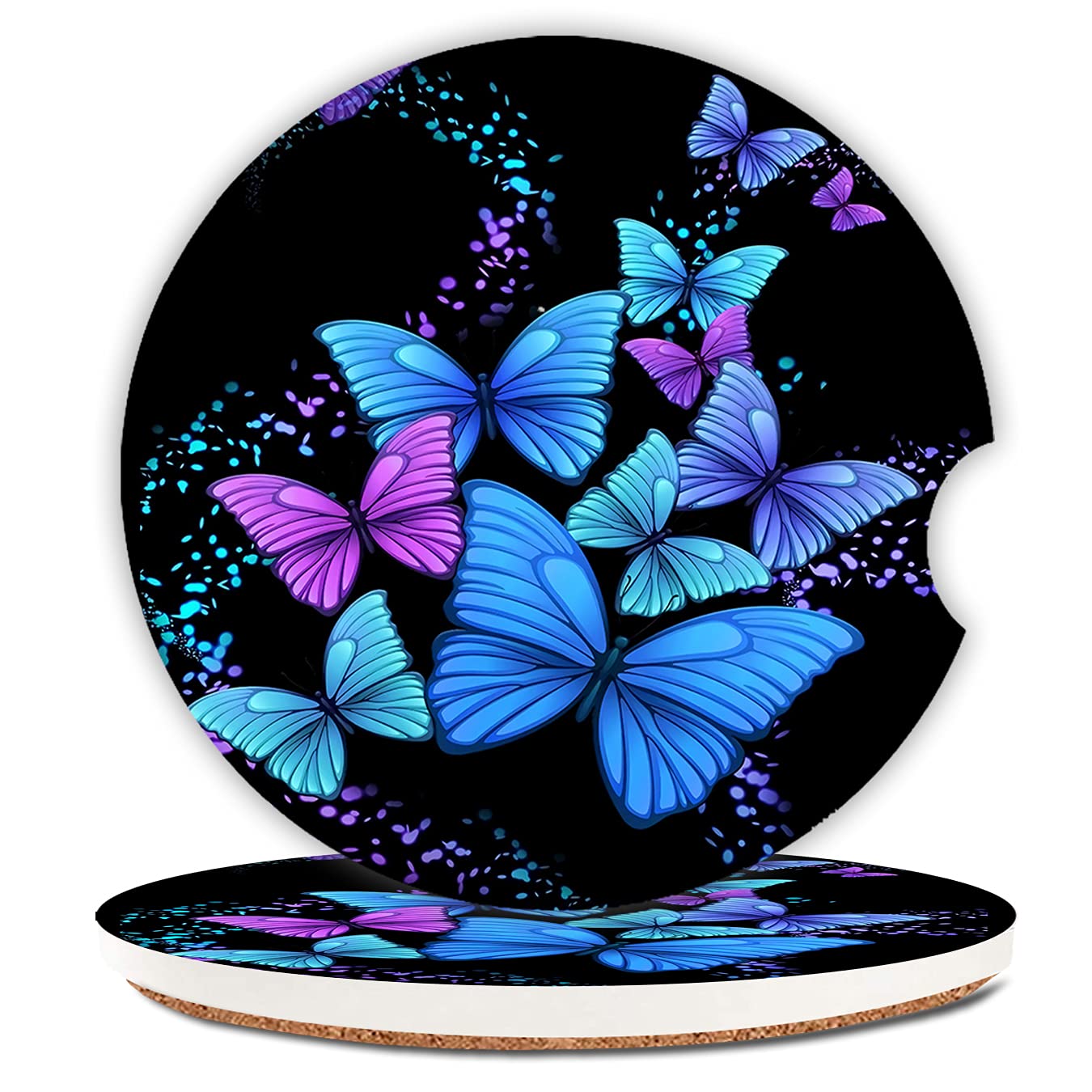 Blue Butterfly Absorbent Car Coasters,Cool Ceramic Cup Holders Coasters with a Finger Notch for Women Men 2.56"(2 Pieces)