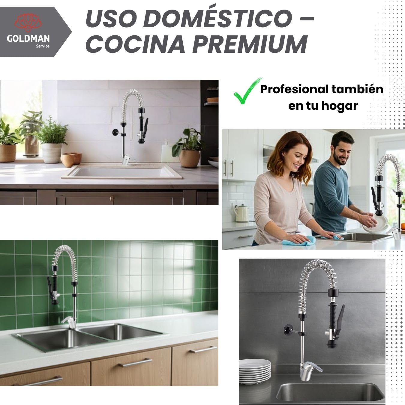 GOLDMAN SERVICE | Grifo Cocina Industrial Monomando Negro Extensible con Rociador | Alcachofa Pulverizadora Eco Saver Hostelería y Hogar | Diseño Compacto Flexible
