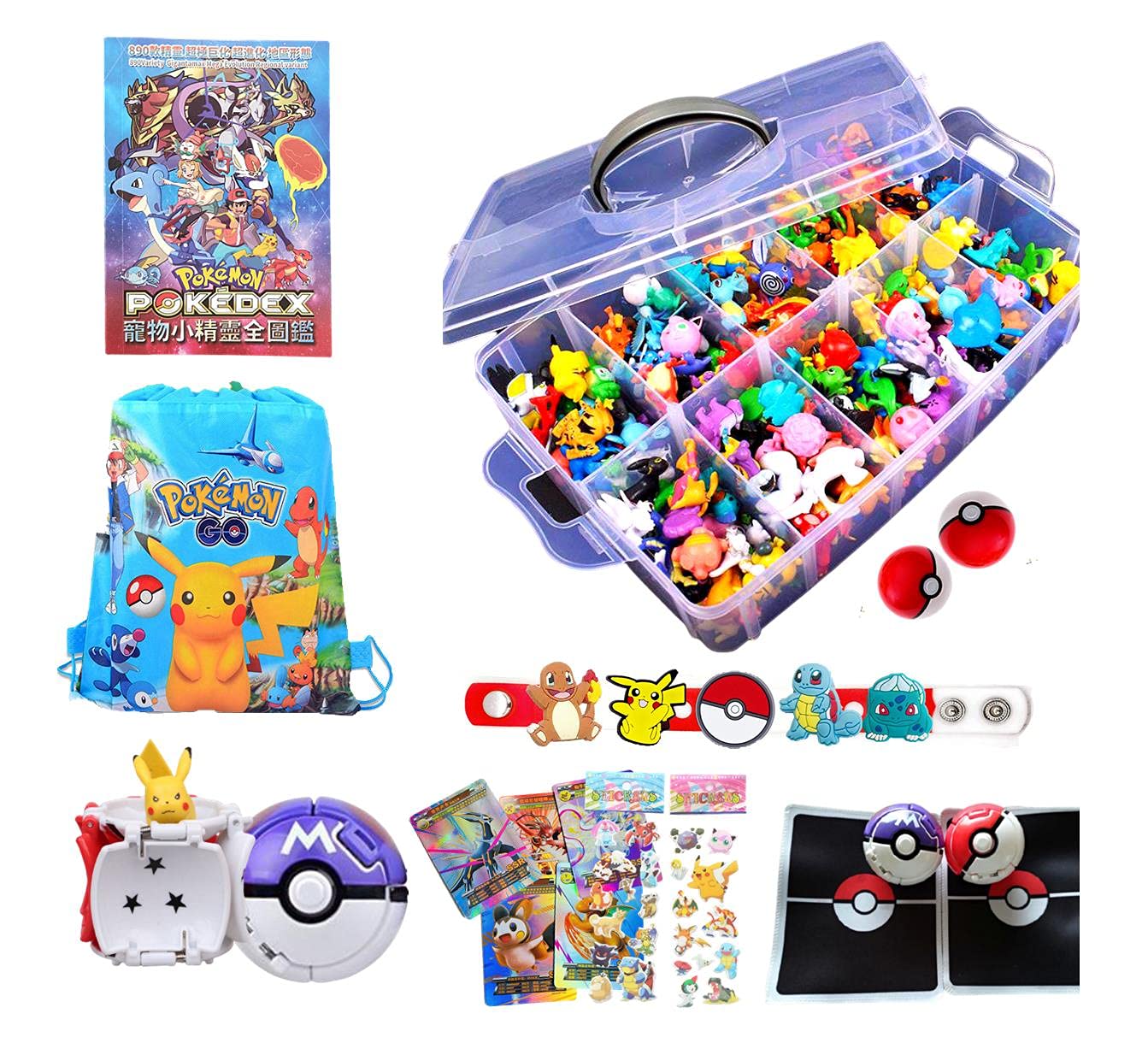 Pokenon Battle Set:144 Figures+ 1 Storage Box+ 1 Illustrated Books+ 2 BurstPoke Balls(8cm)+ 2 Battle Mats+1 Storage Bag+2 stickers +2 Basic Poke Balls(4cm)(PRO SET)