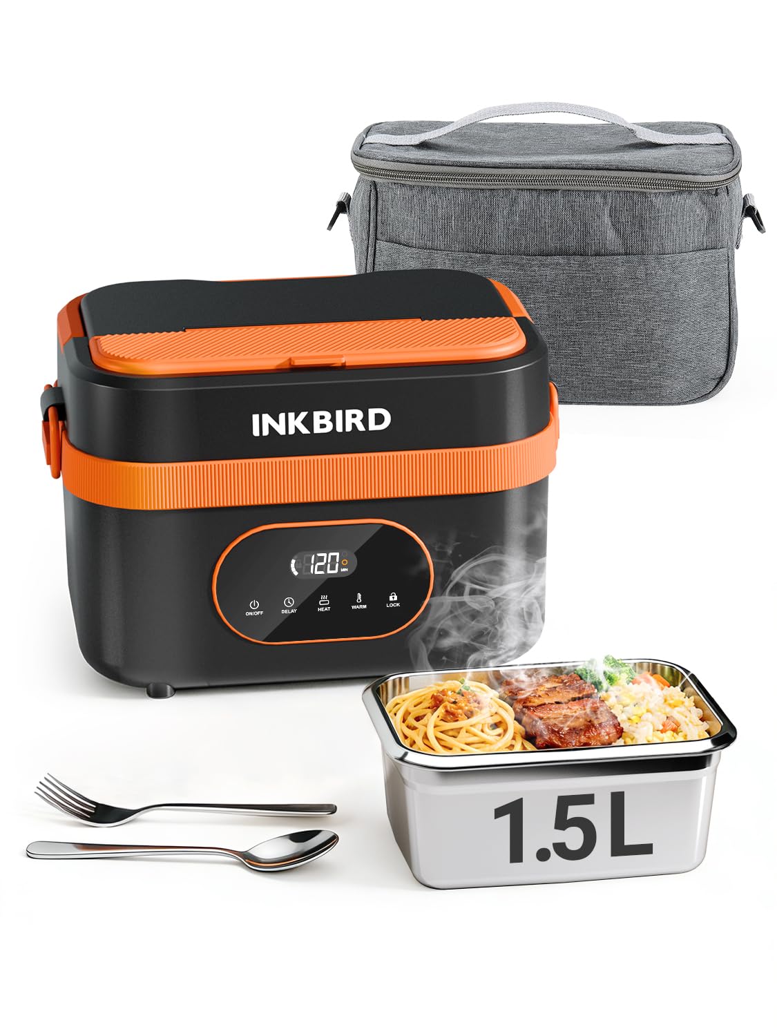 Inkbird Cordless Electric Lunch Box with a meal inside, surrounded by other dishes.