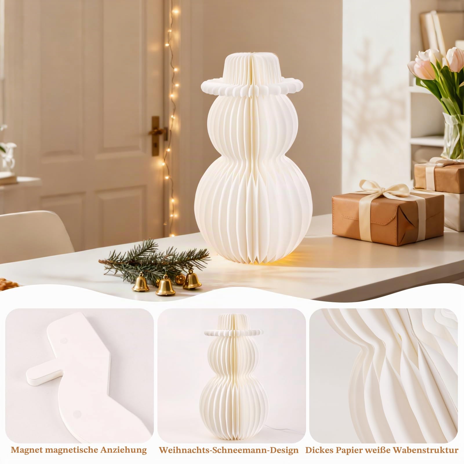 SUNBEAUTY 50cm Papier Weihnachtsbaum Lampe Deko Weiß 3D Waben Papierbäume Weihnachtskugel Aufhängen Deko Weihnachtsdekoration für Esstisch Fensterbank Kaminsims das Schlafzimmer