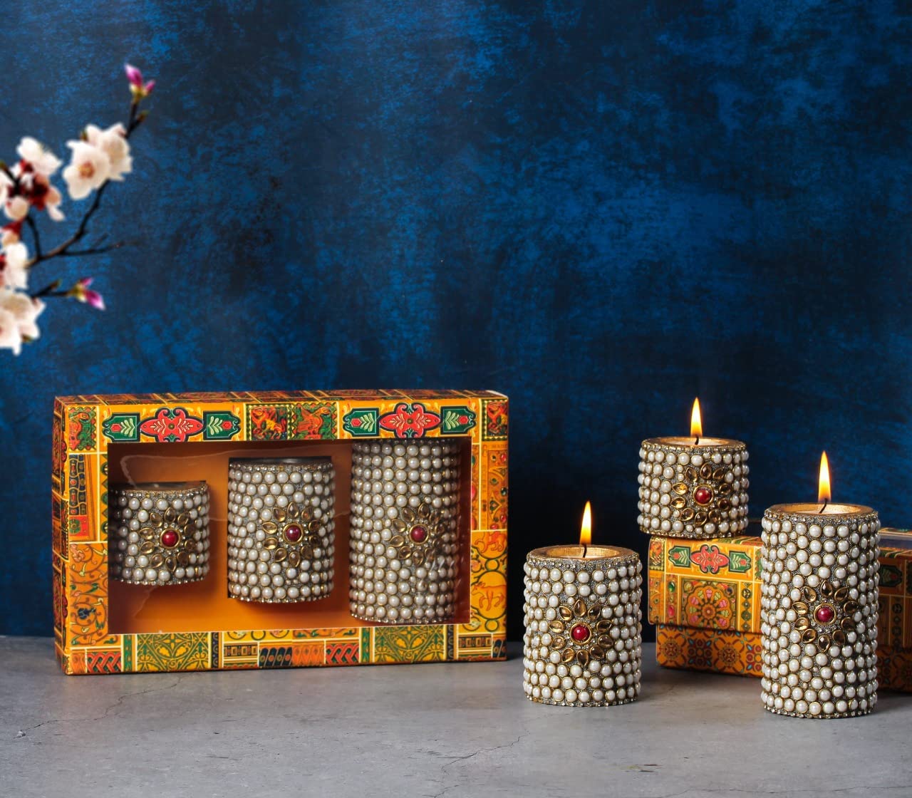 INDICAST Stone Work Pillar Candle for Home Decor Set of 3 Handcrafted Diwali Diya Decorative Showpieces Reusable Tealight Candle Holder (White)