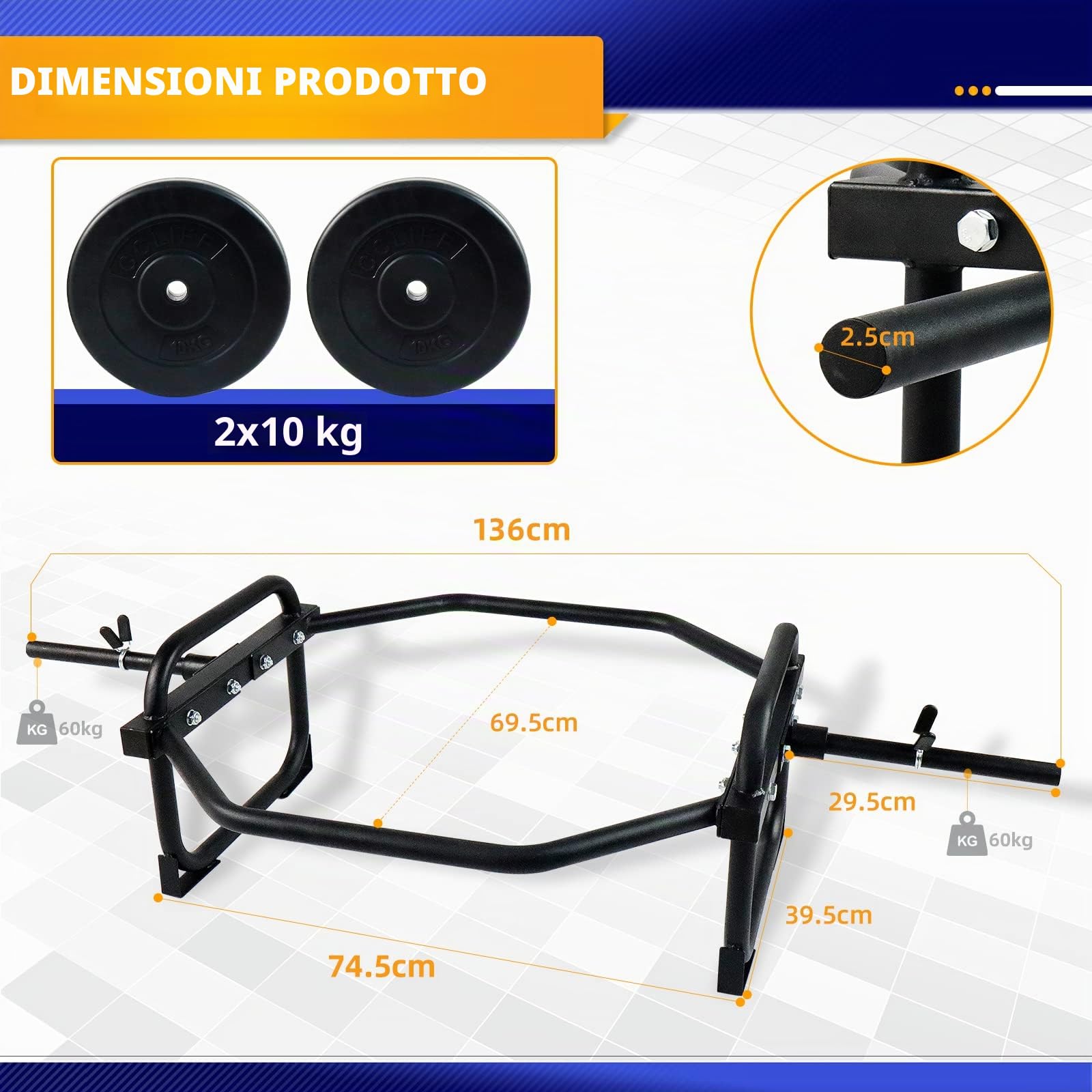 ZERRO Hex Bar, 25mm Trap Bar 120kg capacità Shrug Bar Deadlift Bar per l'esercizio Fisico della casa, 2 Dischi per manubri 2 Spring Locks