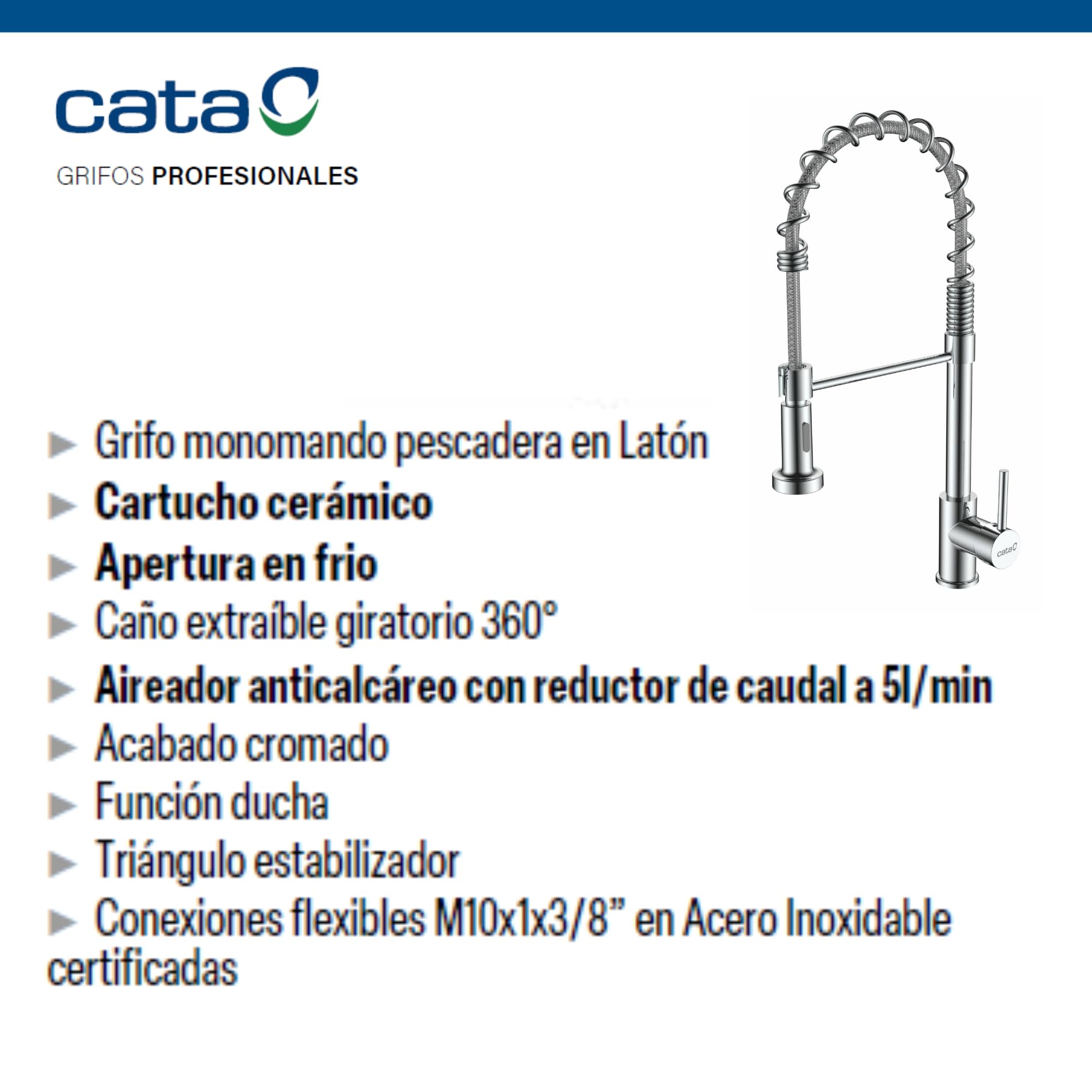 CATA Grifo De Cocina CPB/A, Caño Monomando Alto, Giratorio 360º, Pescadera, Aireador, Función Ducha, Anticalcáreo, Cartucho Cerámico, Apertura En Frío Reductor Caudal, Acabado Acero Inoxidable