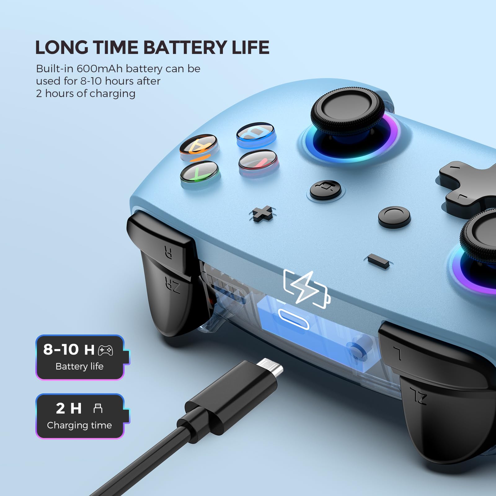 ECHTPower Telecomando wireless per Switch/Switch Lite/Switch OLED, Pro Controller per PC con funzione di risveglio/tasto Sync/Turbo e vibrazione/giroscopio/Led RGB/programmabile-colore blu
