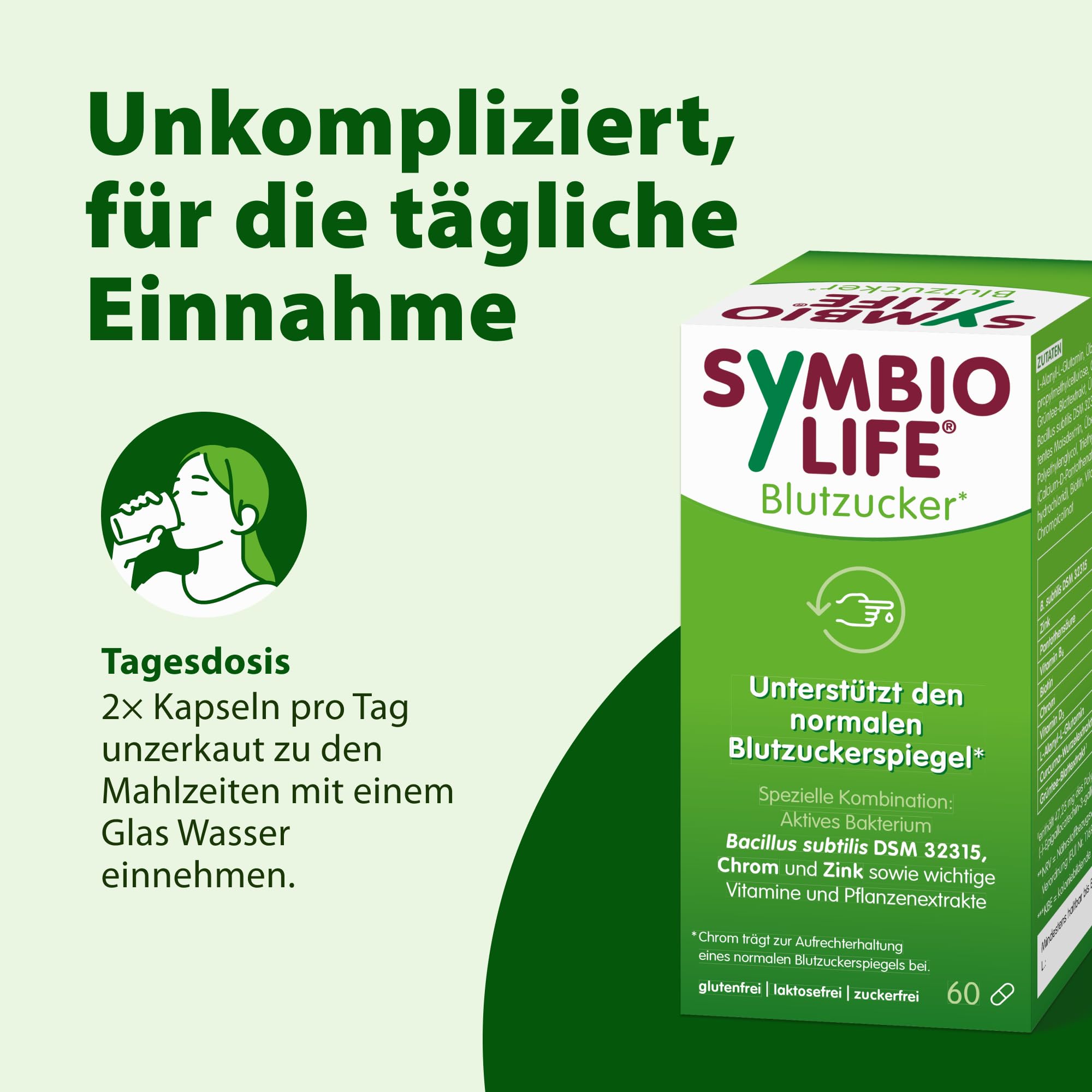 SymbioLife Blutzucker* - Nahrungsergänzungsmittel mit Zink, Chrom und ausgewählten Bakterien - unterstützt den normalen Blutzuckerspiegel* - 60 Kapseln